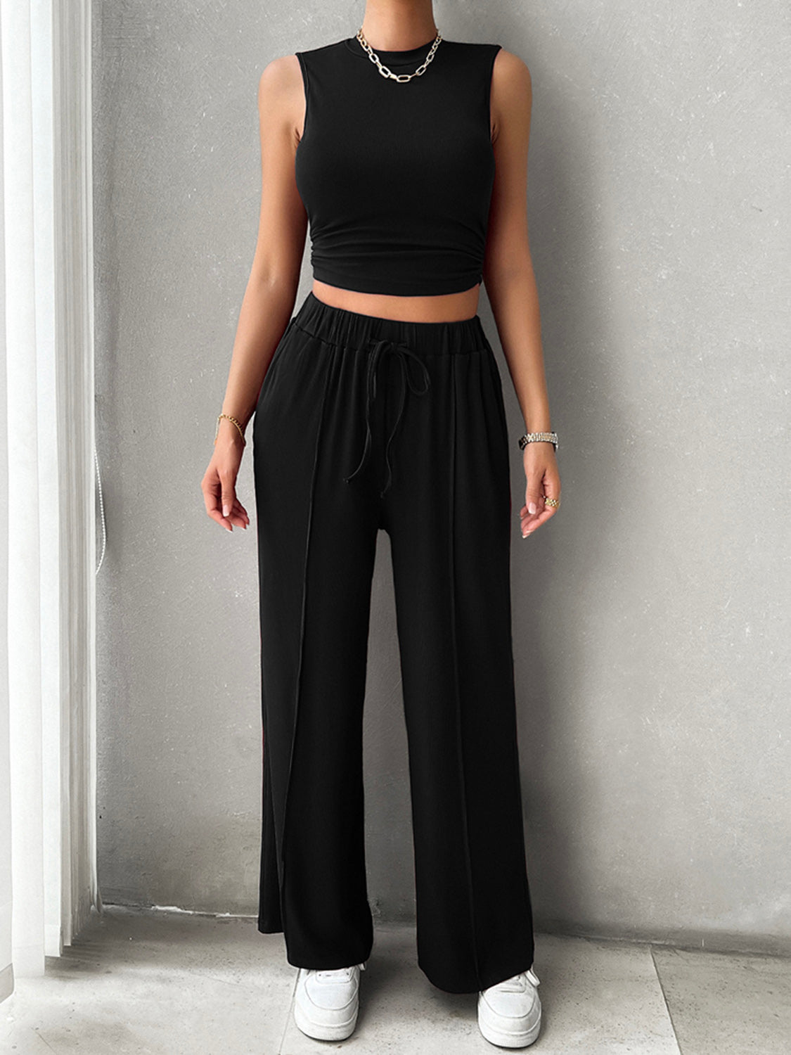 Devine Mock Neck Sleeveless Top and Drawstring Pants Set - Celeste    