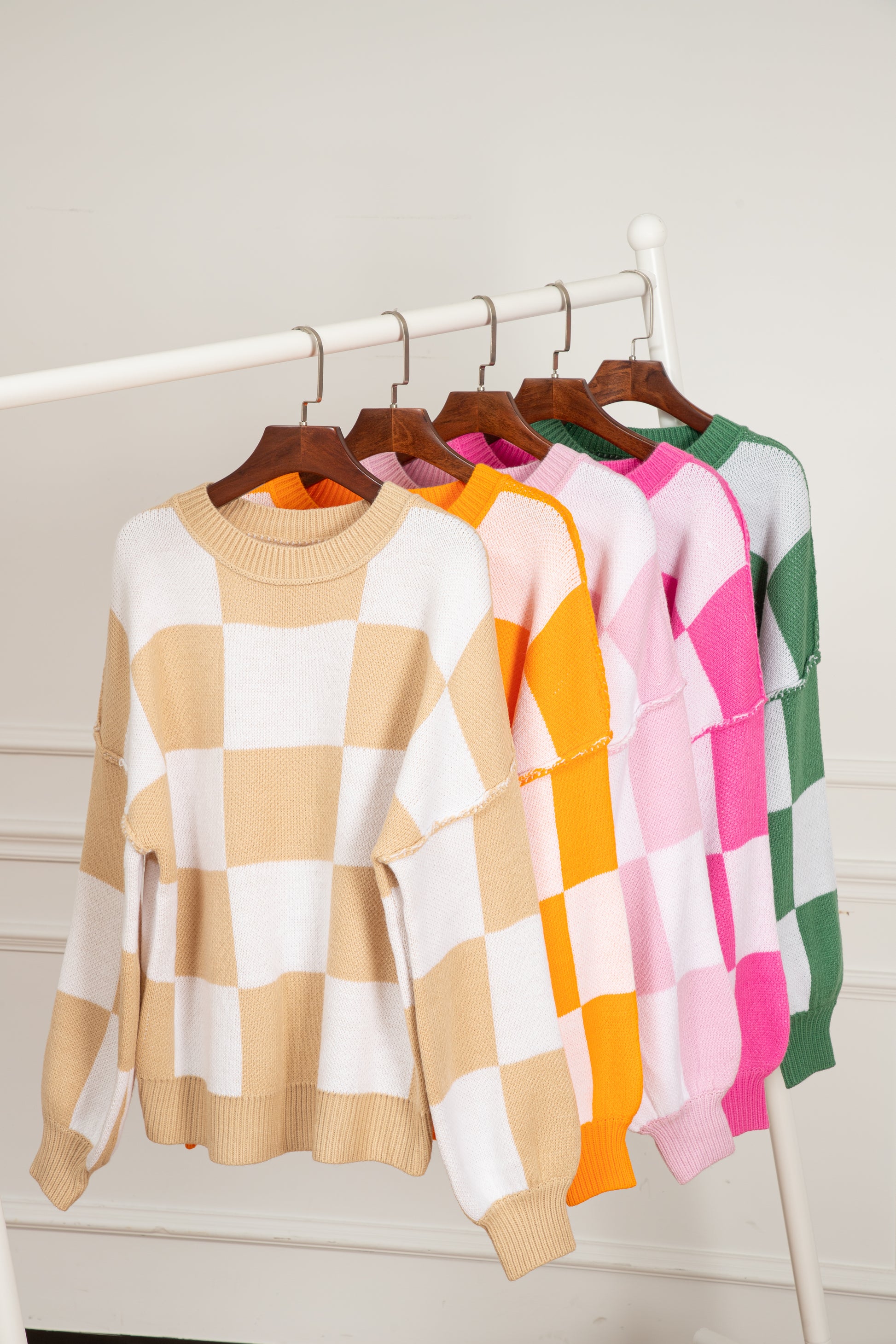 Orange Checkered Bishop Sleeve Sweater - Celeste  Sweaters & Cardigans/Sweaters  