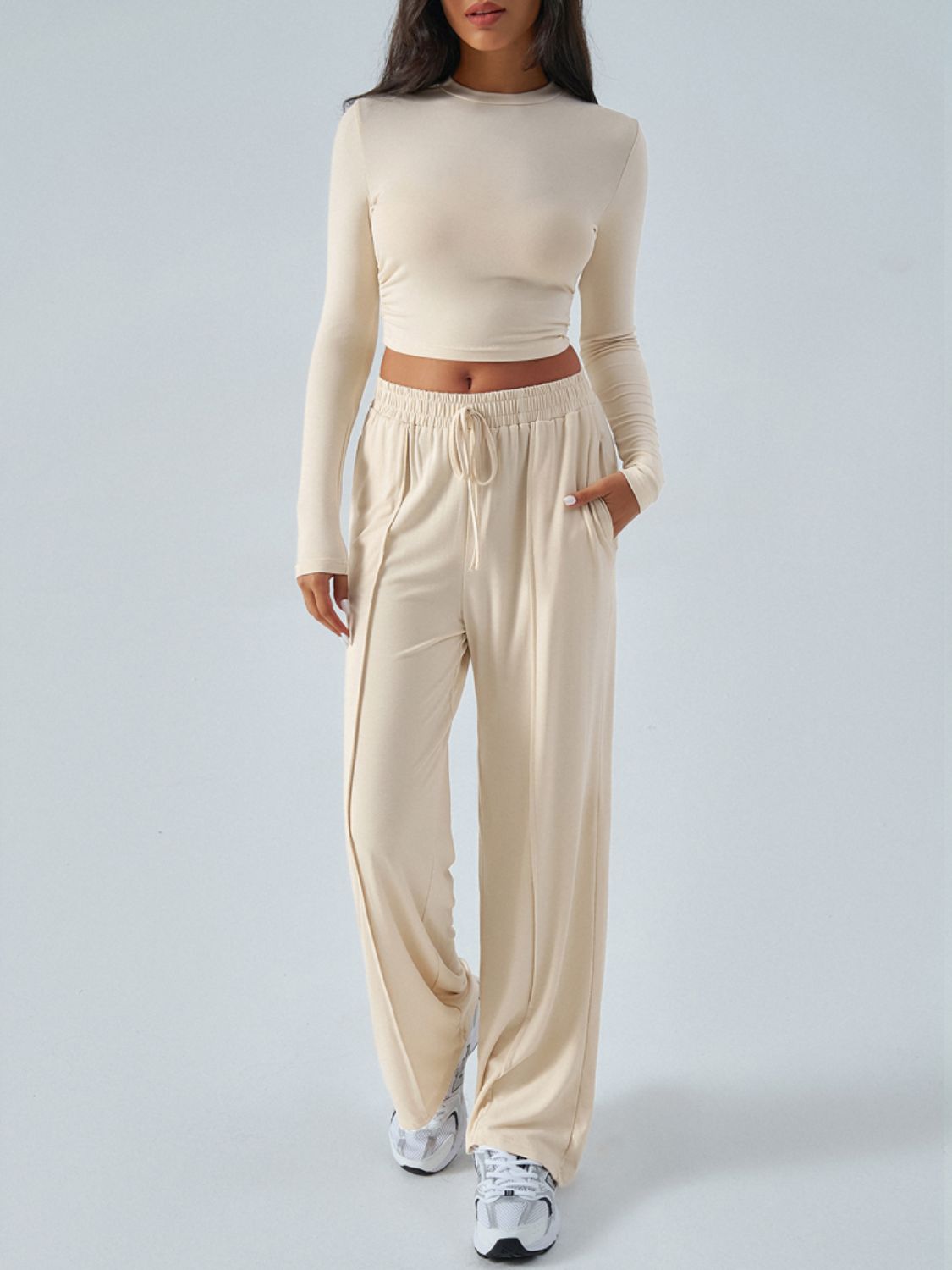 Devine Round Neck Long Sleeve Top and Pants Set - Celeste    