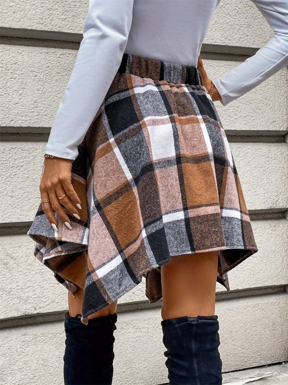 Tied Plaid Asymmetrical Hem Skirt - Celeste    