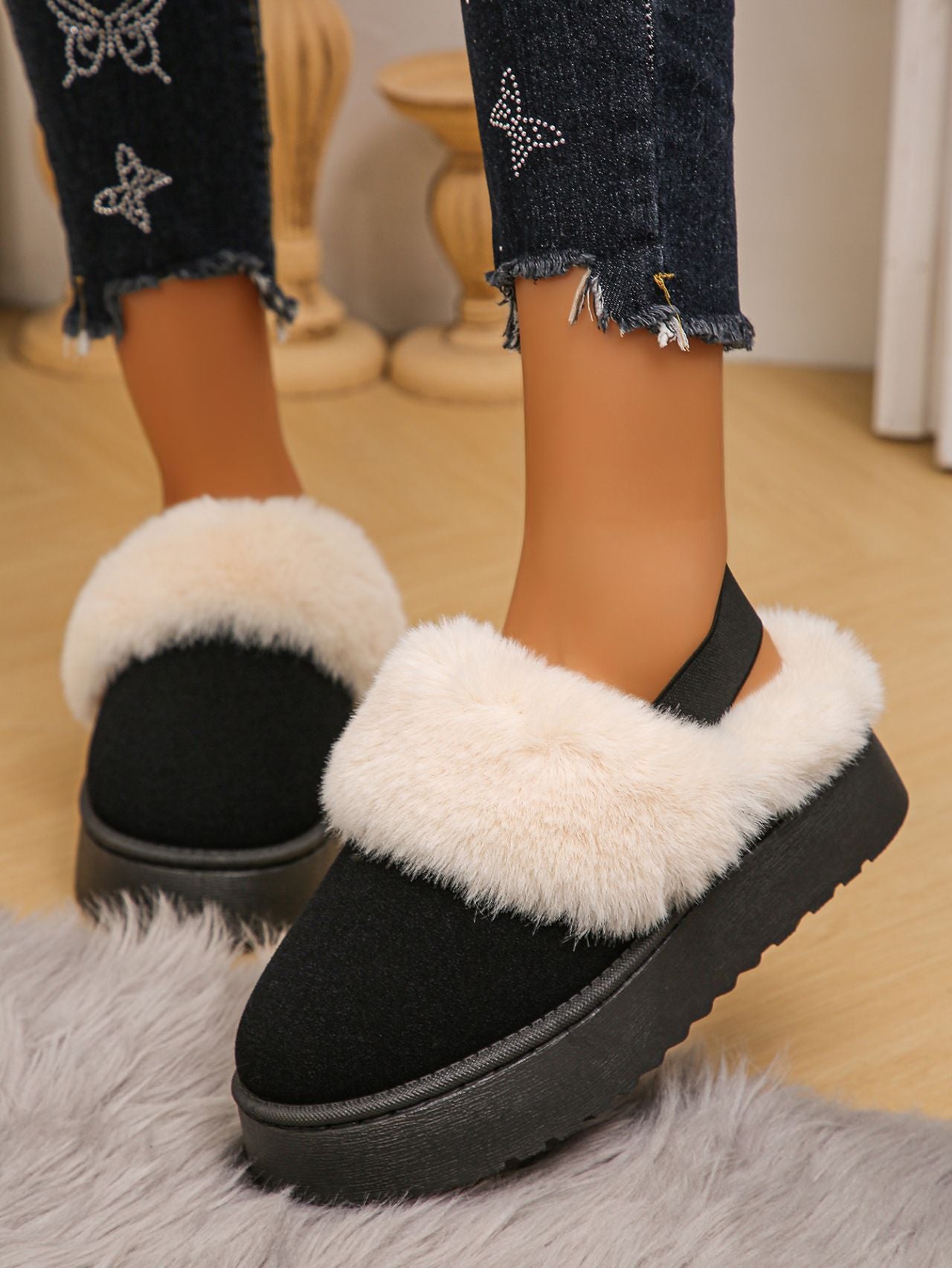 Faux Fur Round Toe Platform Slippers - Celeste    