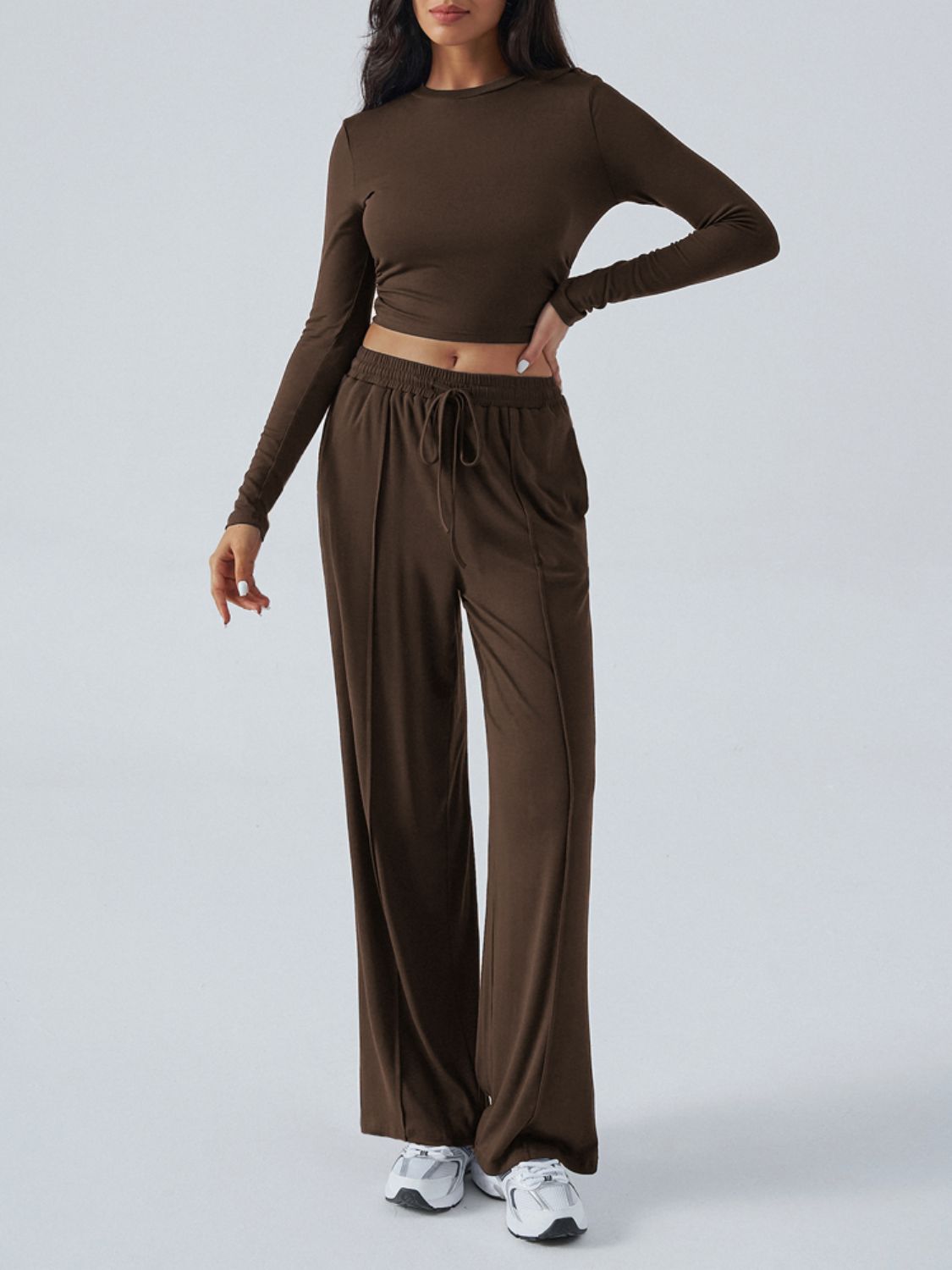 Devine Round Neck Long Sleeve Top and Pants Set - Celeste    