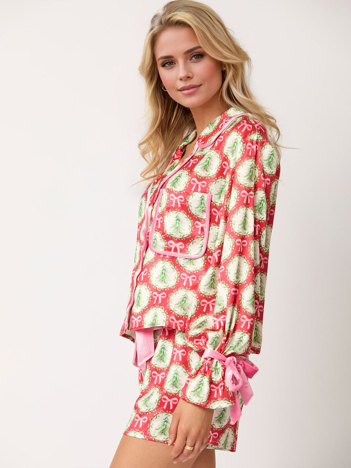 Tied Printed Collared Neck Long Sleeve Top and Shorts Set - Celeste    