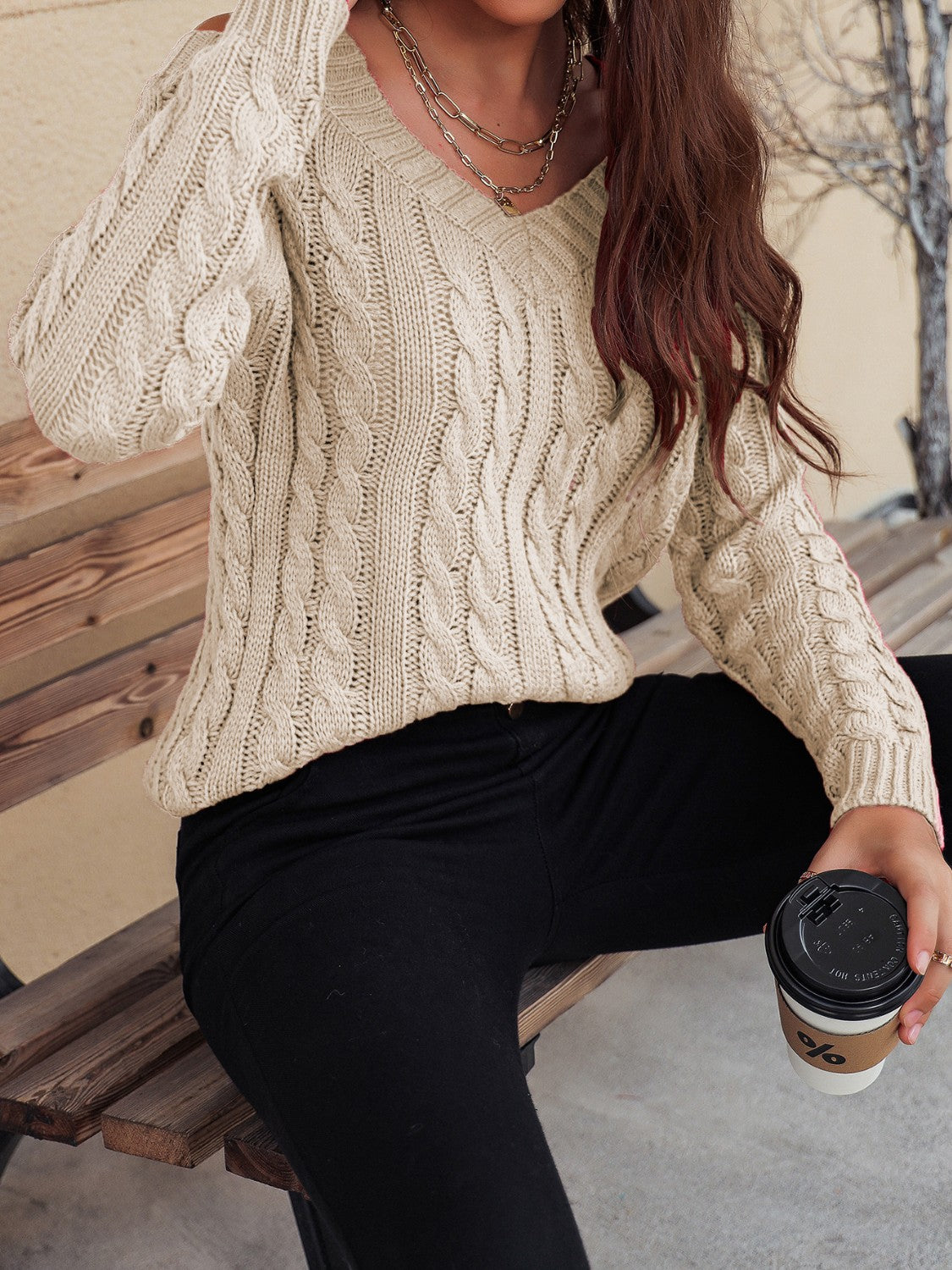 Honey Cable-Knit V-Neck Cold Shoulder Sweater - Celeste    