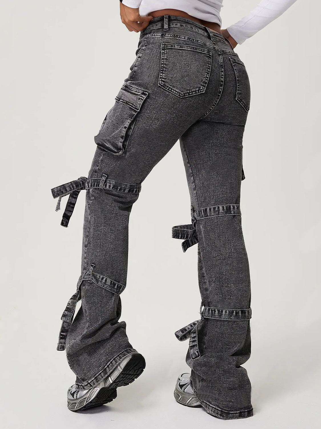 Bow Tied Mid Rise Jeans with Cargo Pockets