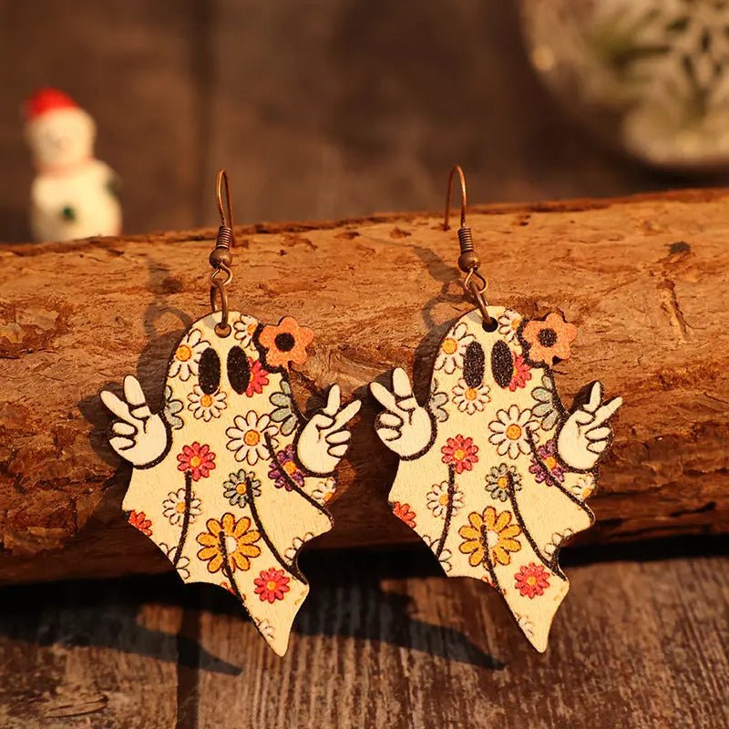 Alloy Wooden Ghost Dangle Earrings - Celeste