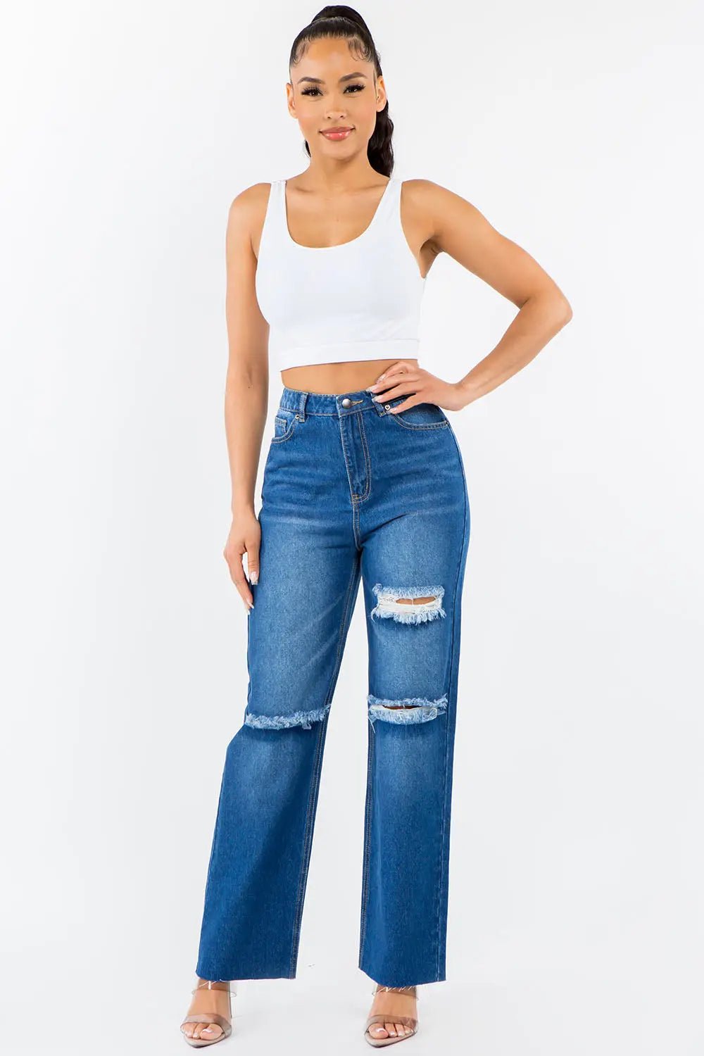 American Bazi High Waist Distressed Wide Leg Jeans - Celeste