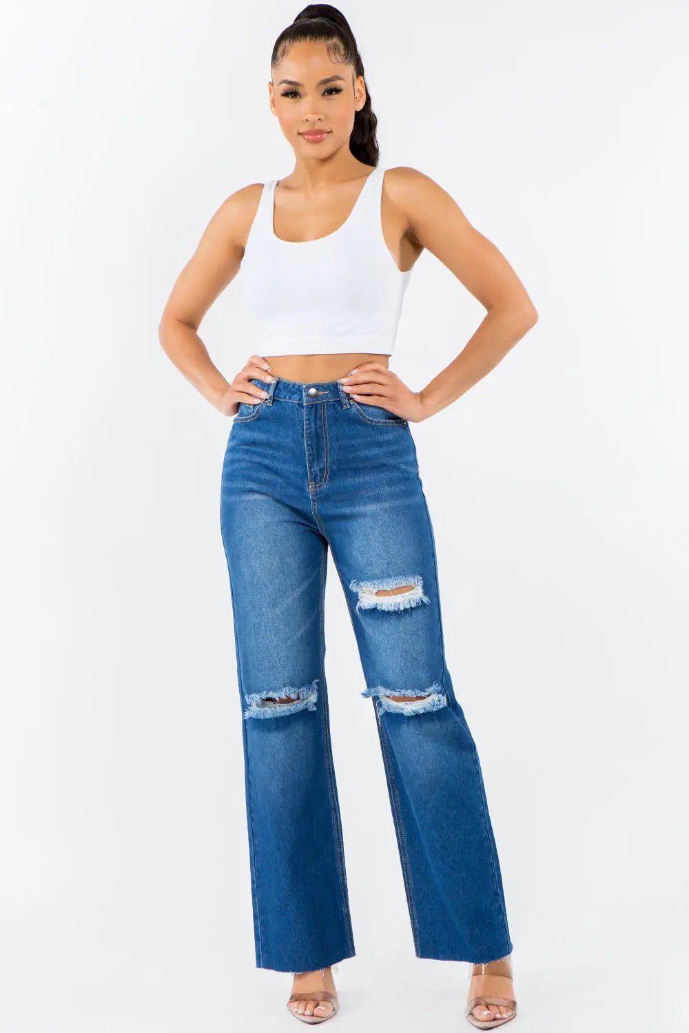 American Bazi High Waist Distressed Wide Leg Jeans - Celeste