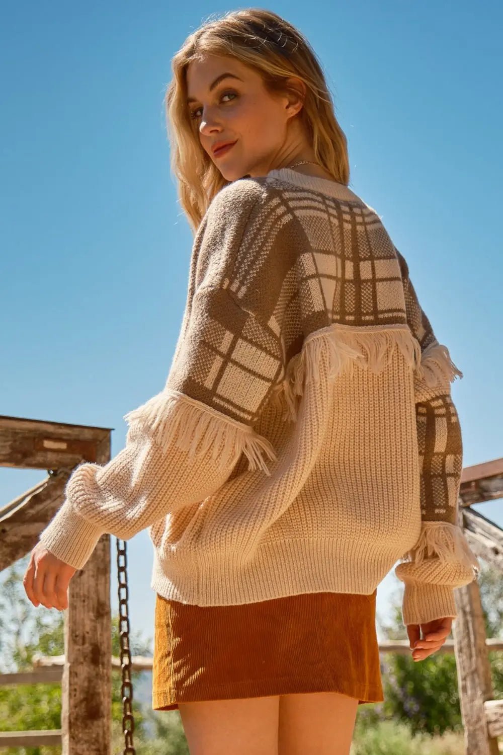 And The Why Plaid Pattern Color Block Fringe Sweater - Celeste    