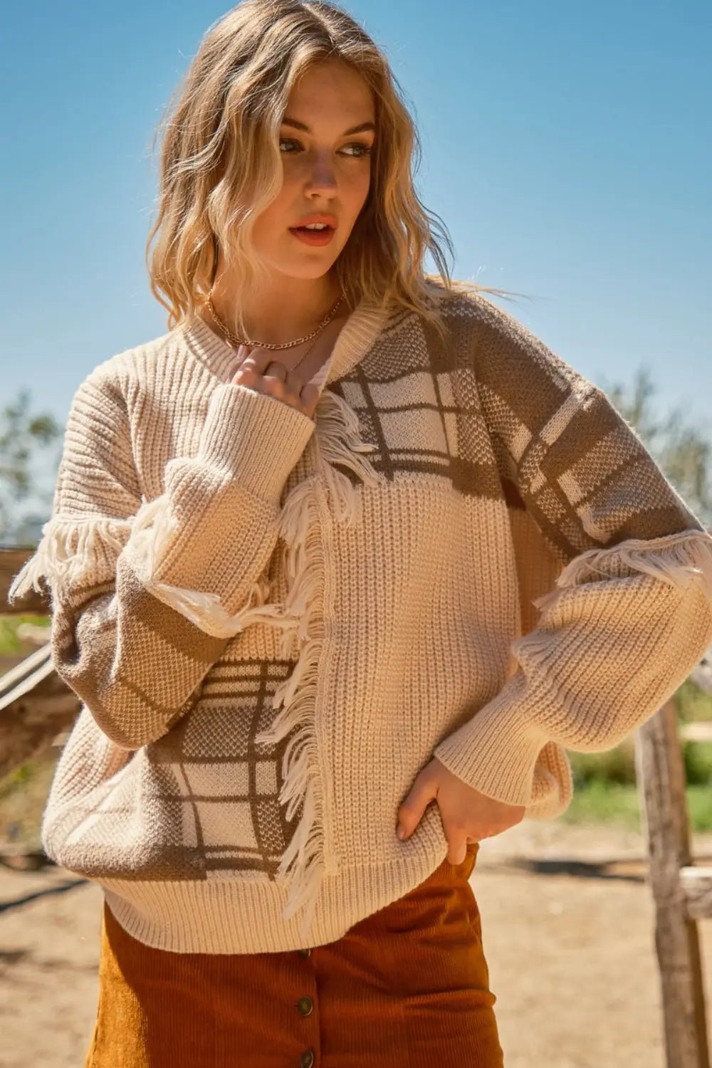 And The Why Plaid Pattern Color Block Fringe Sweater - Celeste