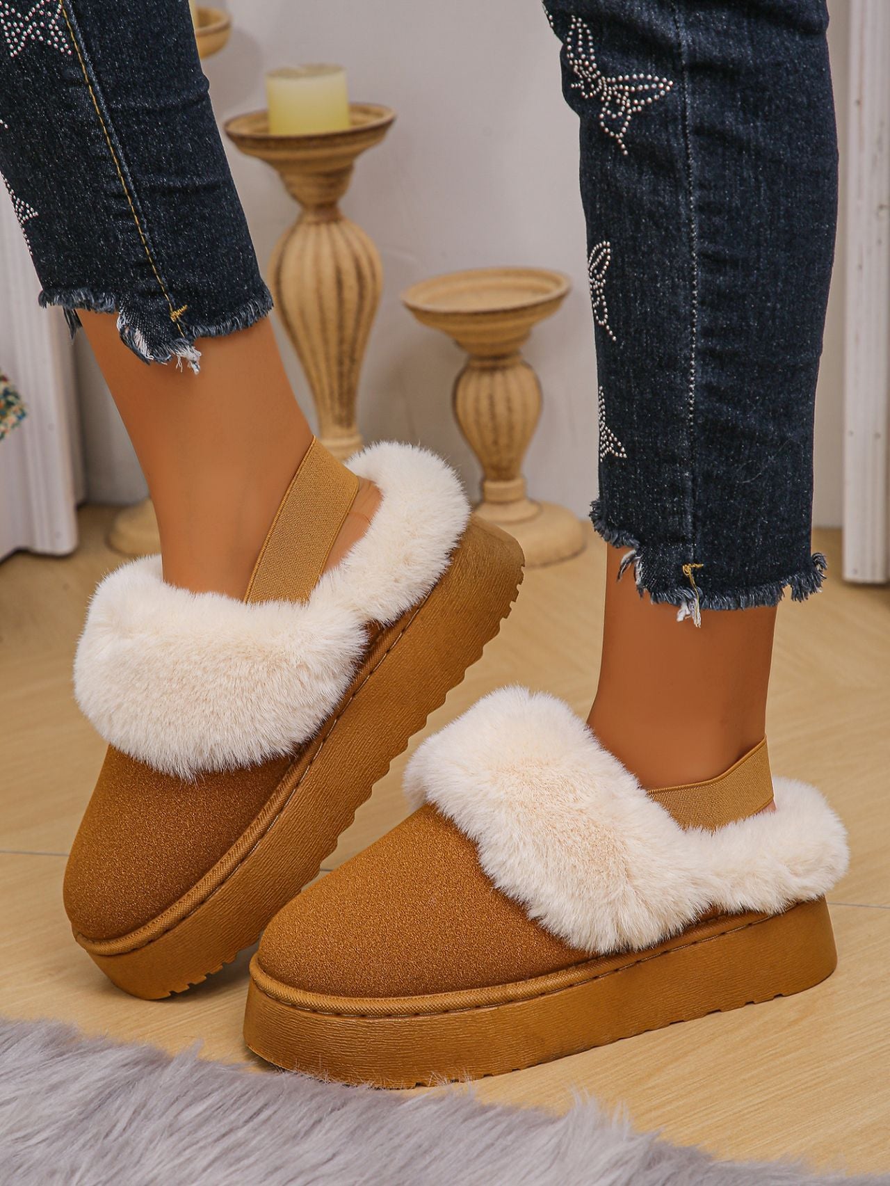 Faux Fur Round Toe Platform Slippers - Celeste    