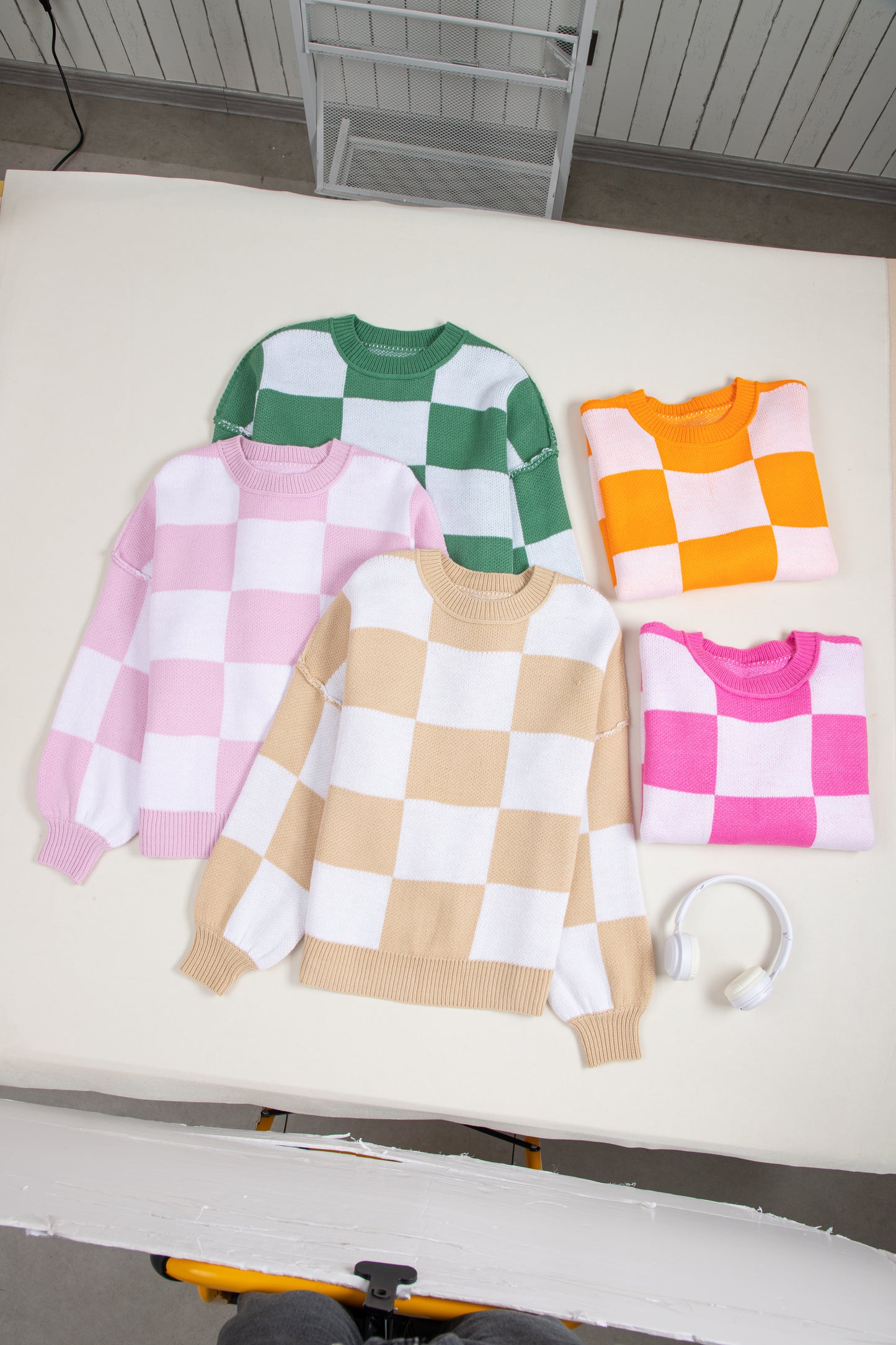 Orange Checkered Bishop Sleeve Sweater - Celeste  Sweaters & Cardigans/Sweaters  