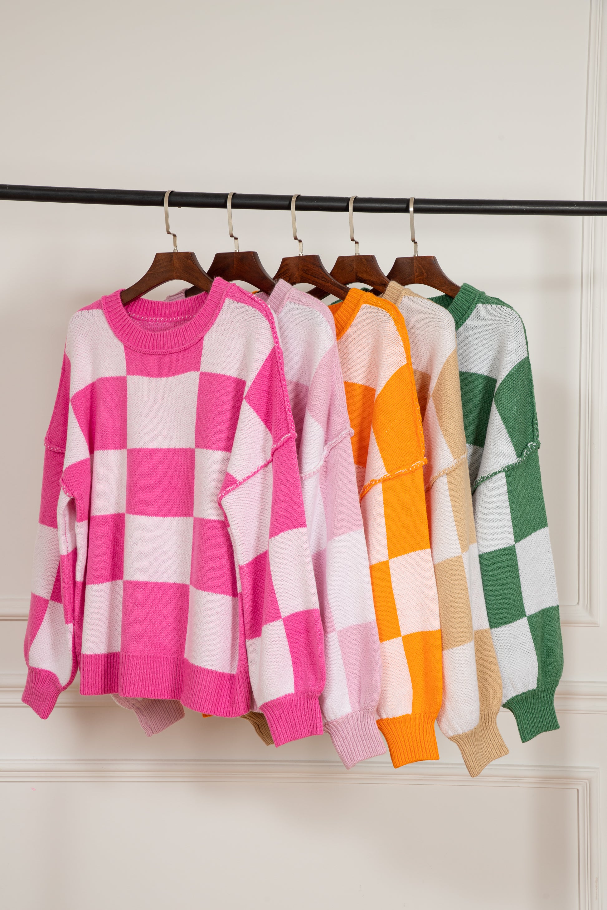 Orange Checkered Bishop Sleeve Sweater - Celeste  Sweaters & Cardigans/Sweaters  