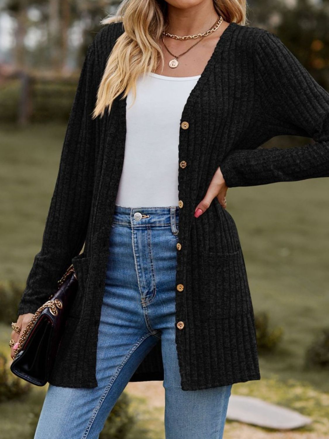 Ribbed Button Up Long Sleeve Cardigan - Celeste    