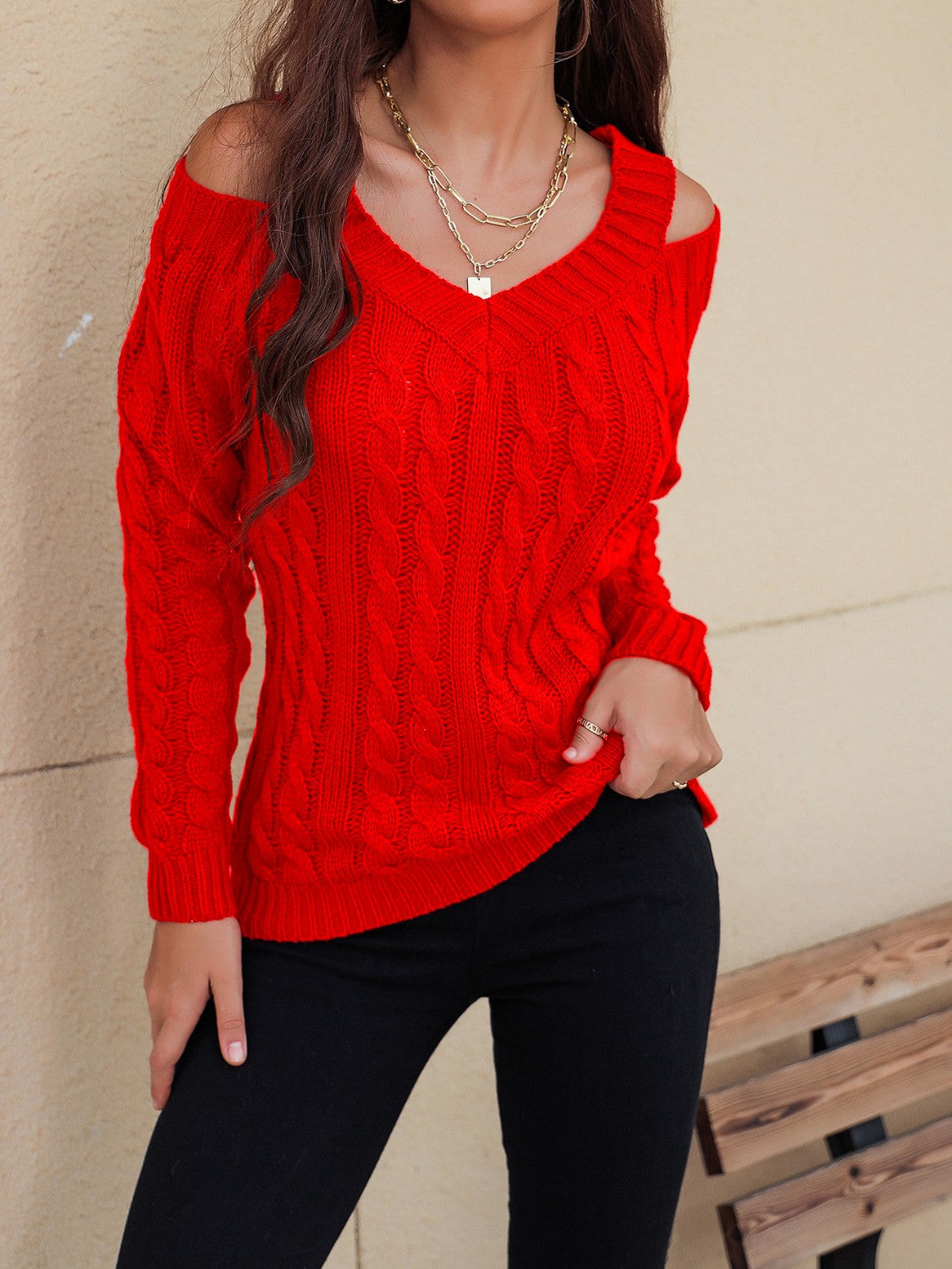 Honey Cable-Knit V-Neck Cold Shoulder Sweater - Celeste    