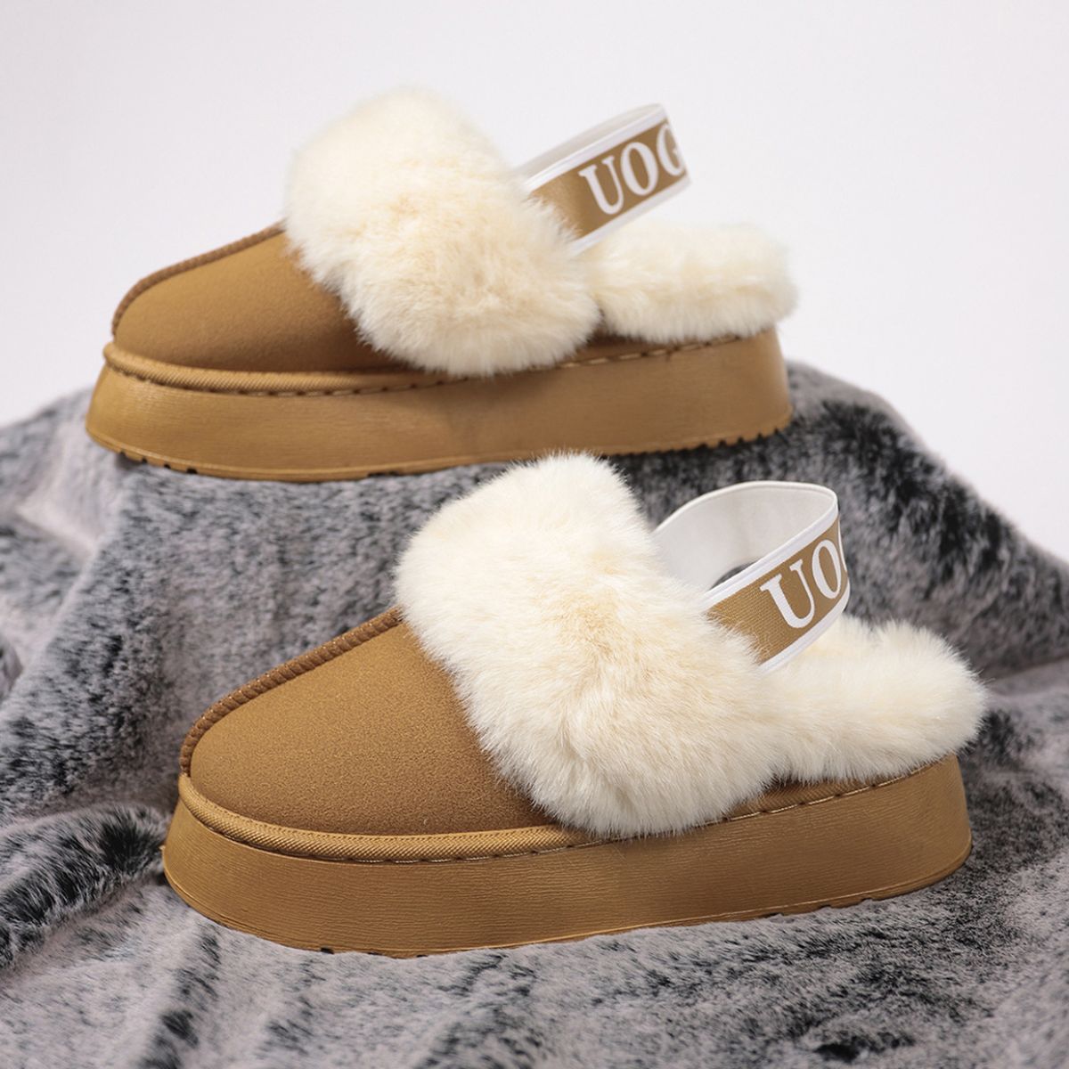 Plush Platform Slippers with Letter Strap - Celeste    