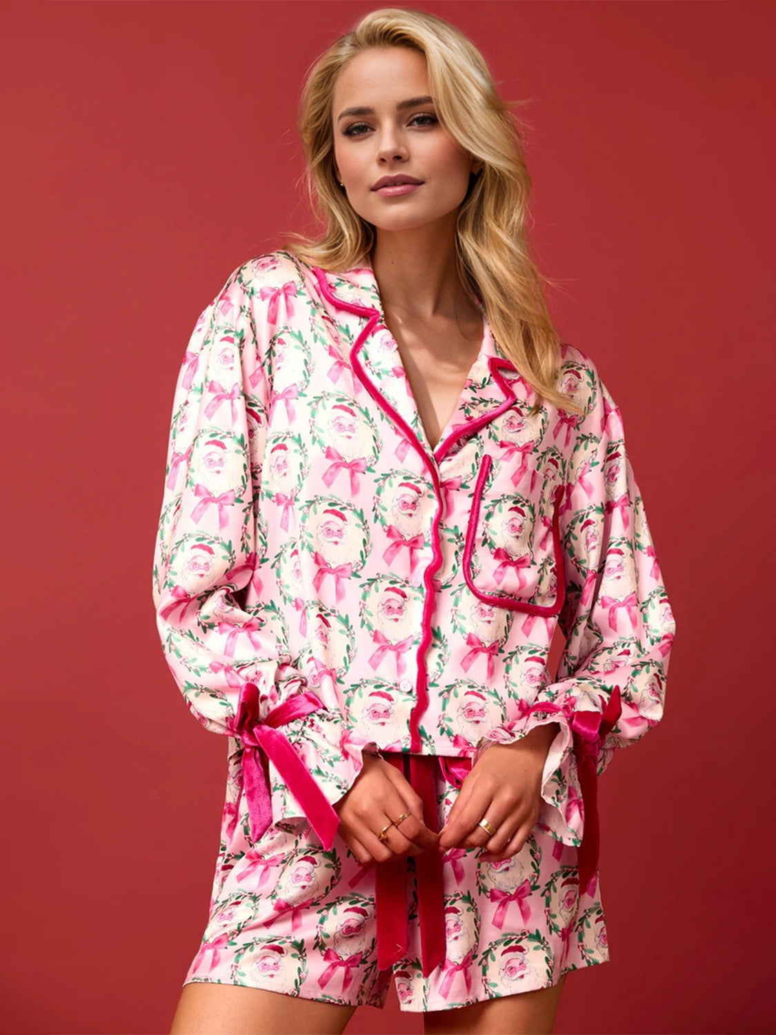 Tied Printed Collared Neck Long Sleeve Top and Shorts Set - Celeste    