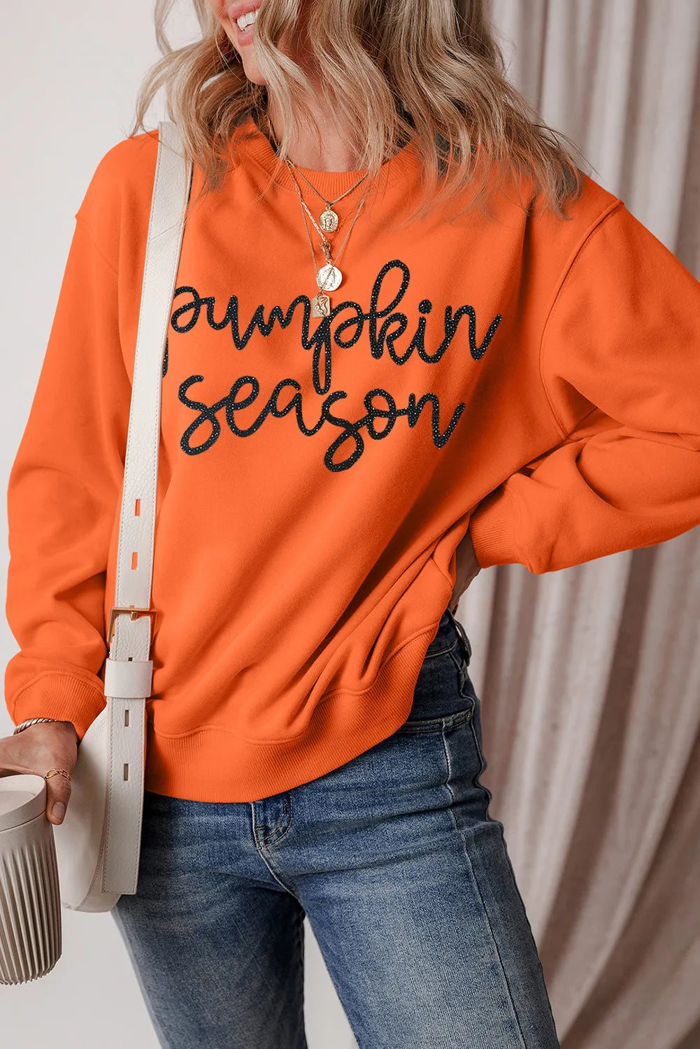 Letter Round Neck Long Sleeve Sweatshirt - Celeste    