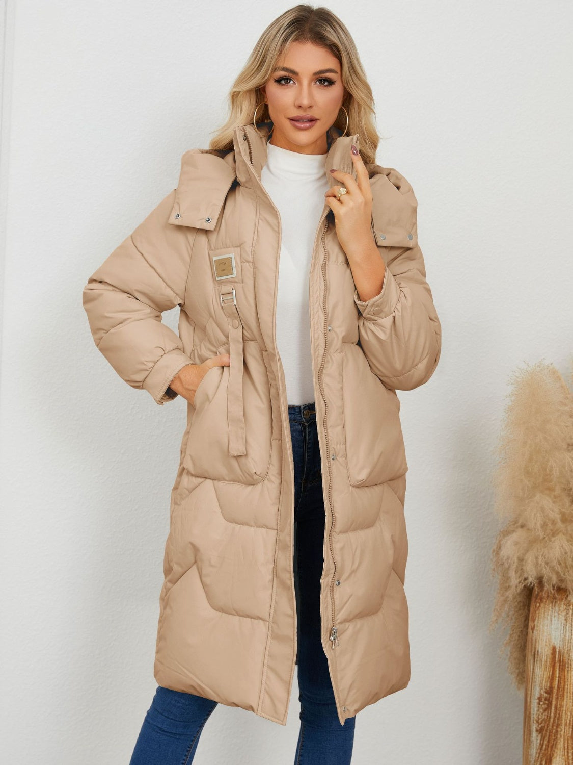 Long Sleeve Longline Hooded Winter Coat - Celeste    