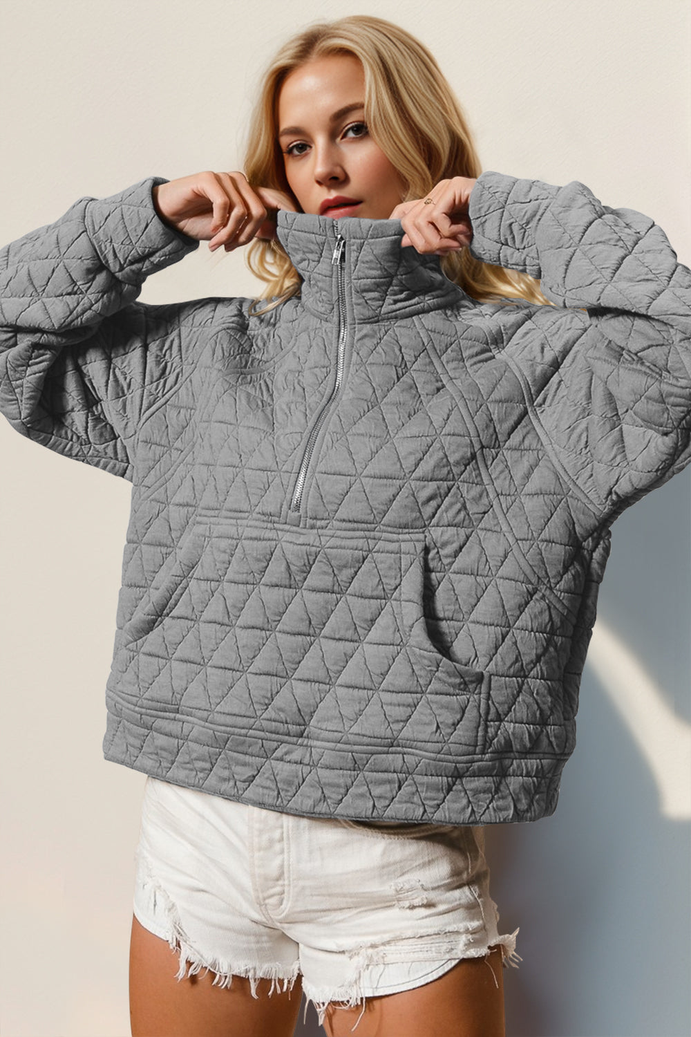 Double Take Half Zip Long Sleeve Quilted Sweatshirt with Pocket - Celeste    