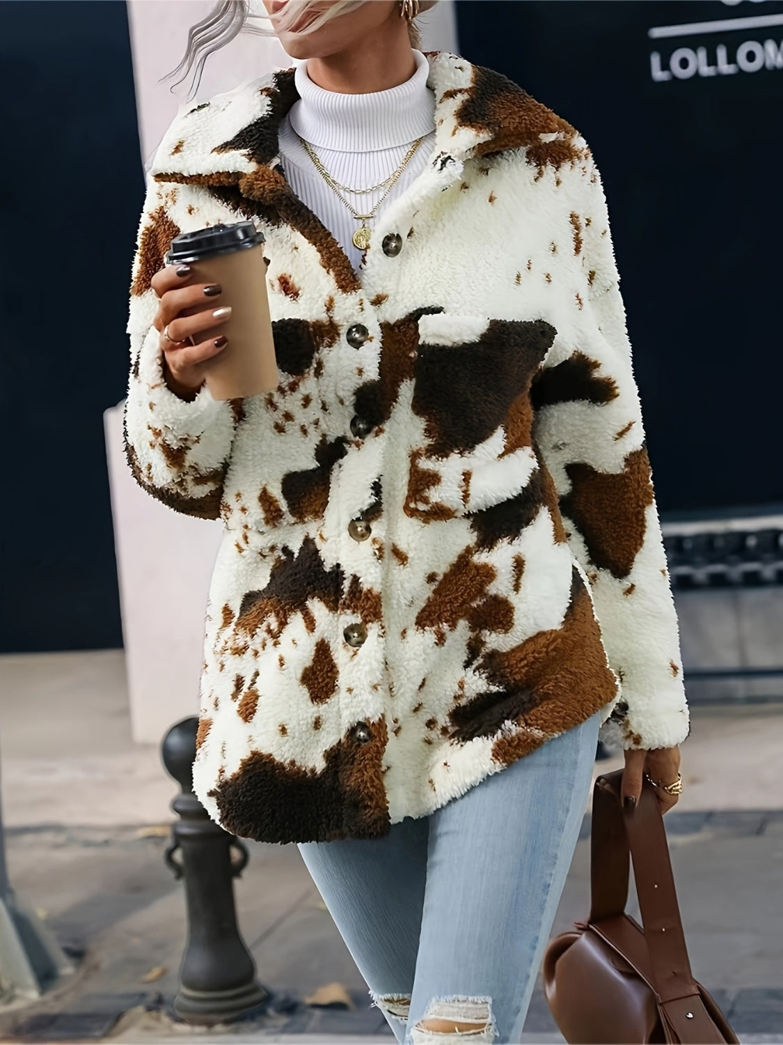 Cow Print Collared Neck Button Up Fuzzy Jacket - Celeste    