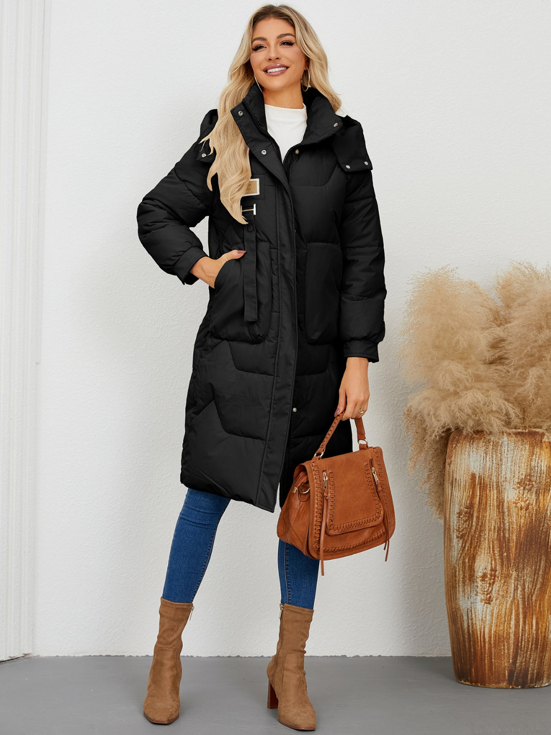 Long Sleeve Longline Hooded Winter Coat - Celeste    