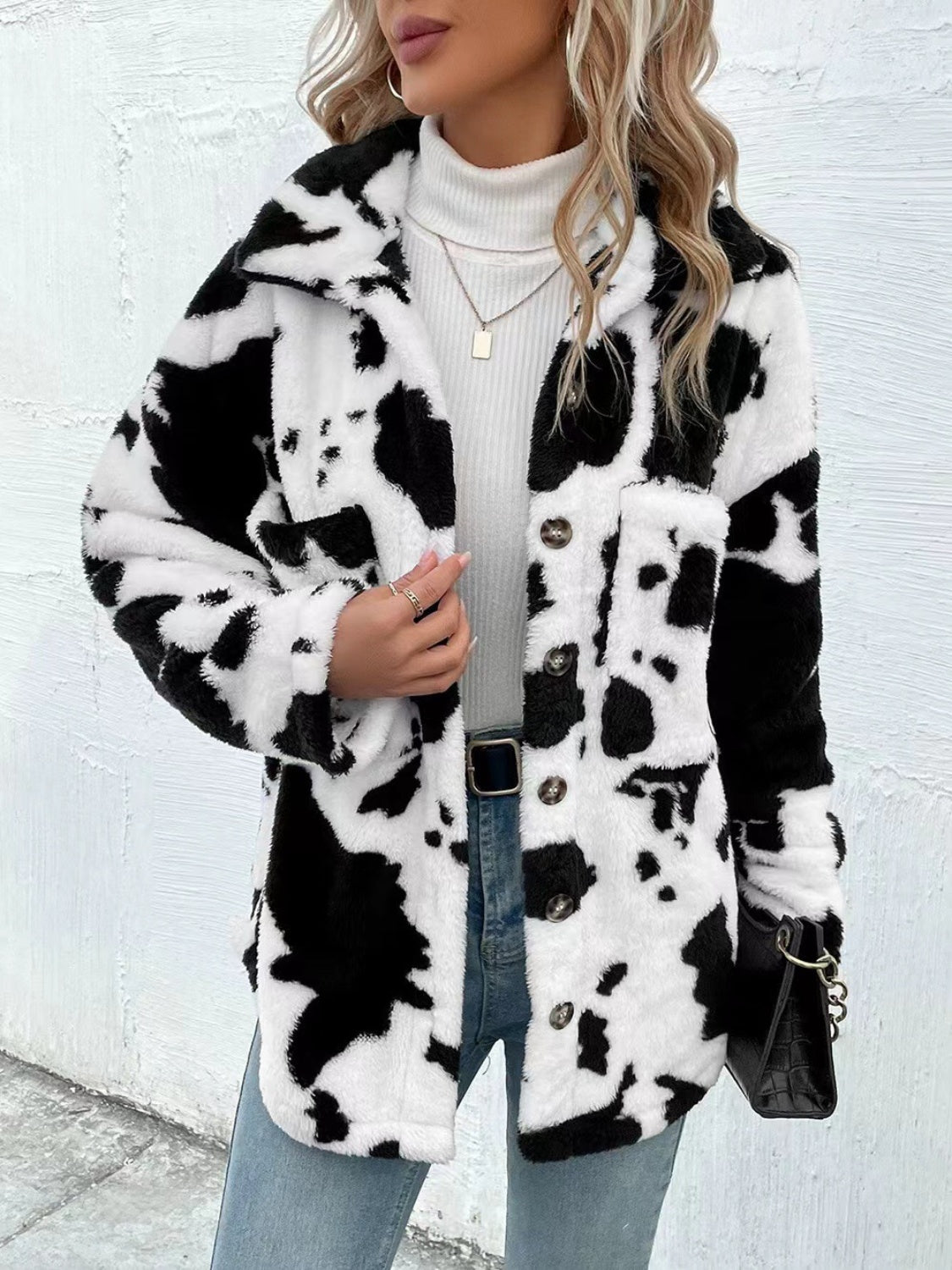 Cow Print Collared Neck Button Up Fuzzy Jacket - Celeste    