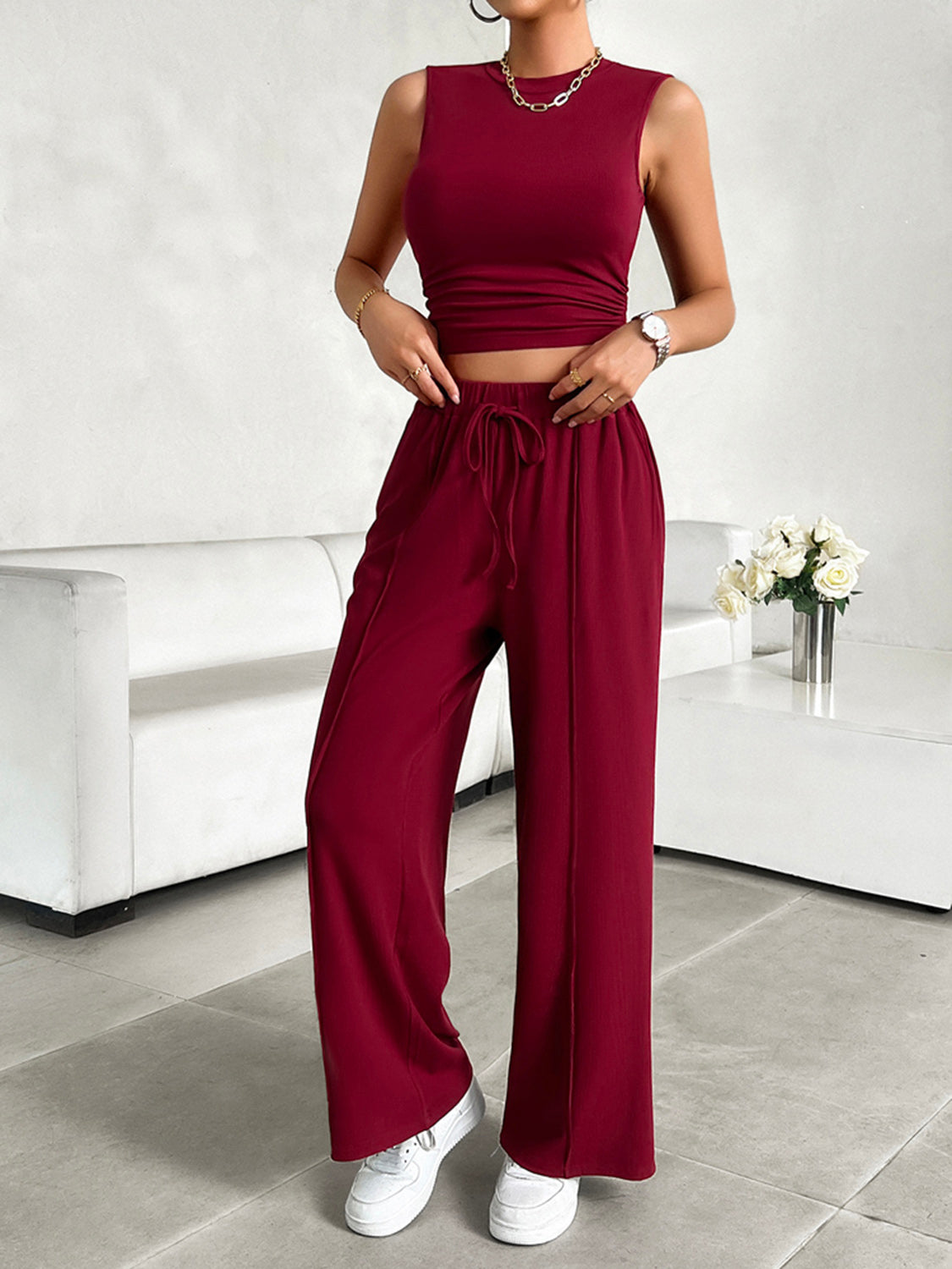 Devine Mock Neck Sleeveless Top and Drawstring Pants Set - Celeste    