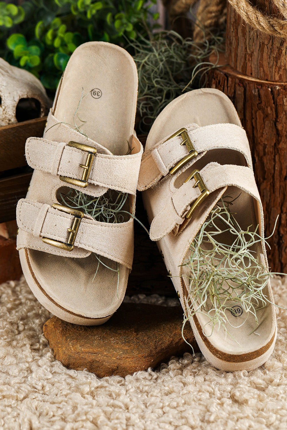 Beige Suede Buckle Decor Footbed Sandal Slippers - Celeste