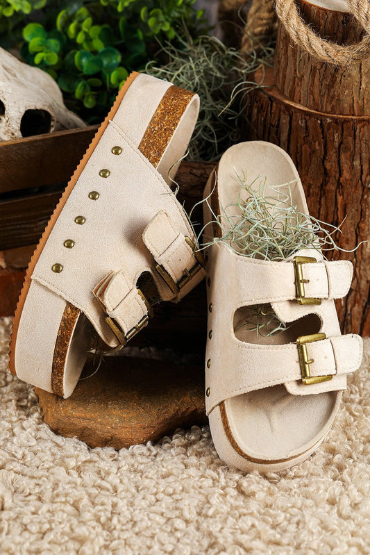 Beige Suede Buckle Decor Footbed Sandal Slippers - Celeste