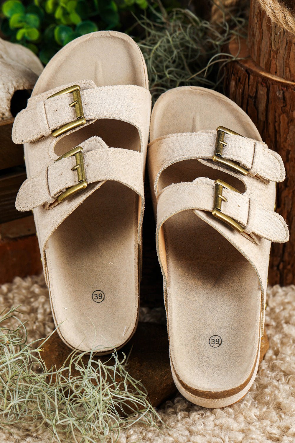 Beige Suede Buckle Decor Footbed Sandal Slippers - Celeste