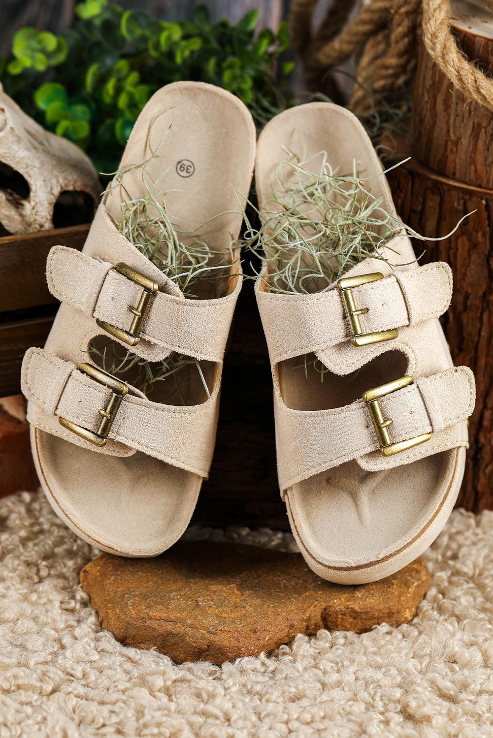 Beige Suede Buckle Decor Footbed Sandal Slippers - Celeste