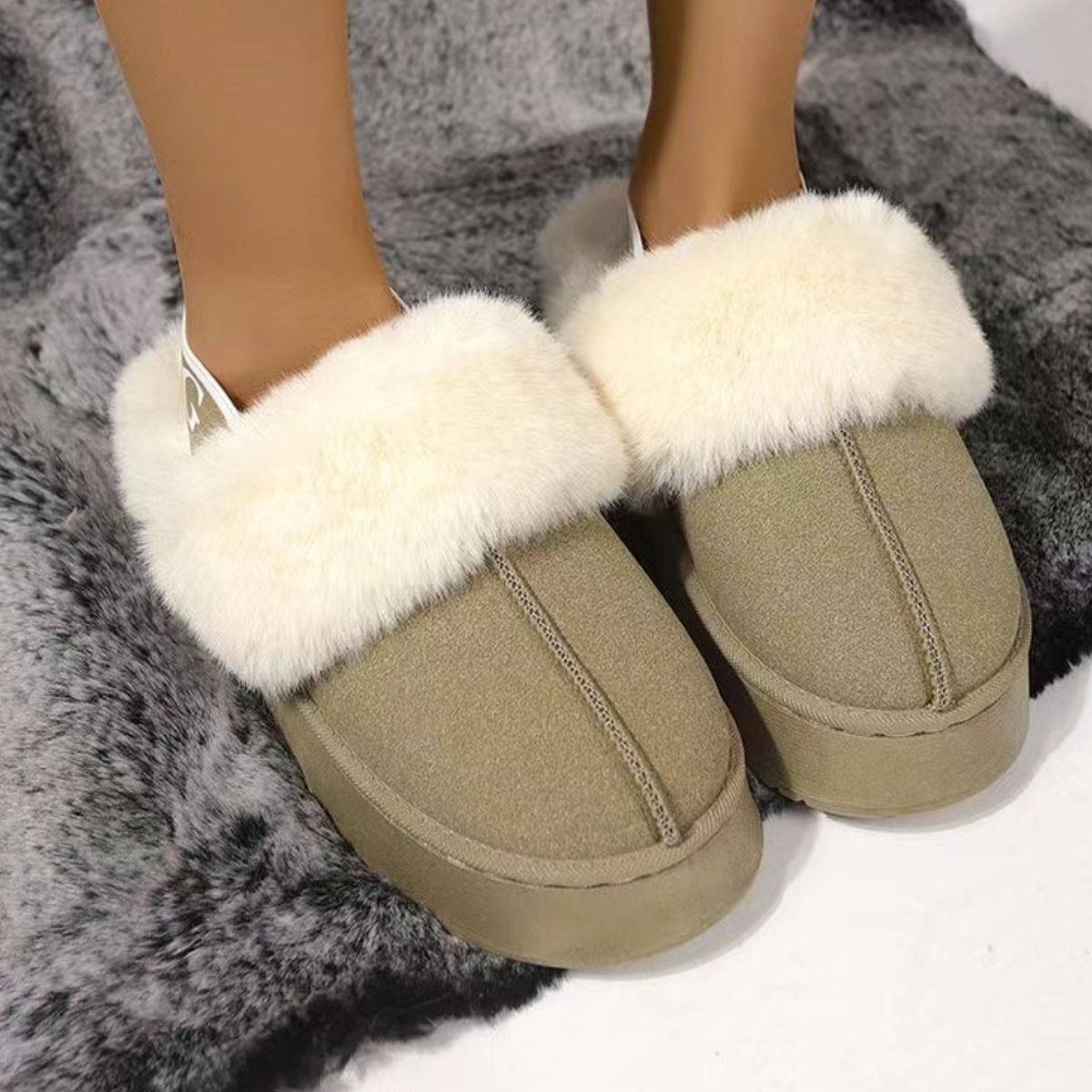 Plush Platform Slippers with Letter Strap - Celeste    