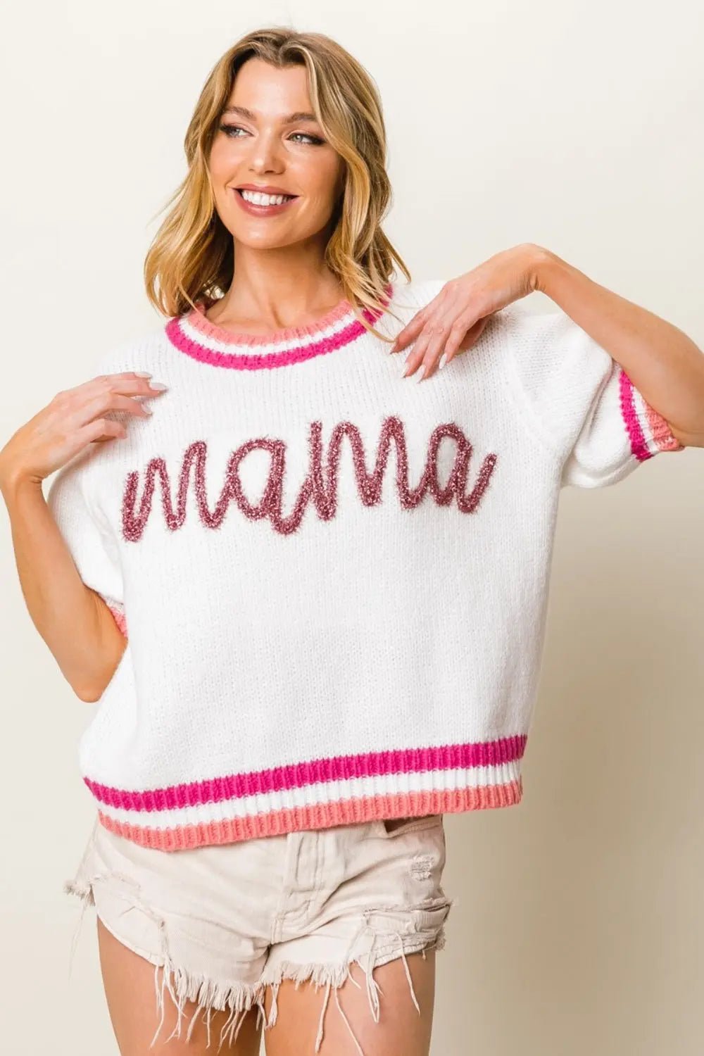 BiBi MAMA Contrast Trim Short Sleeve Sweater - Celeste