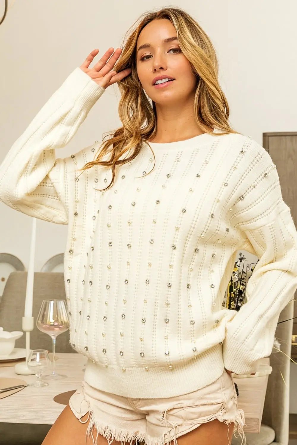 BiBi Pearl & Rhinestone Decor Long Sleeve Sweater - Celeste