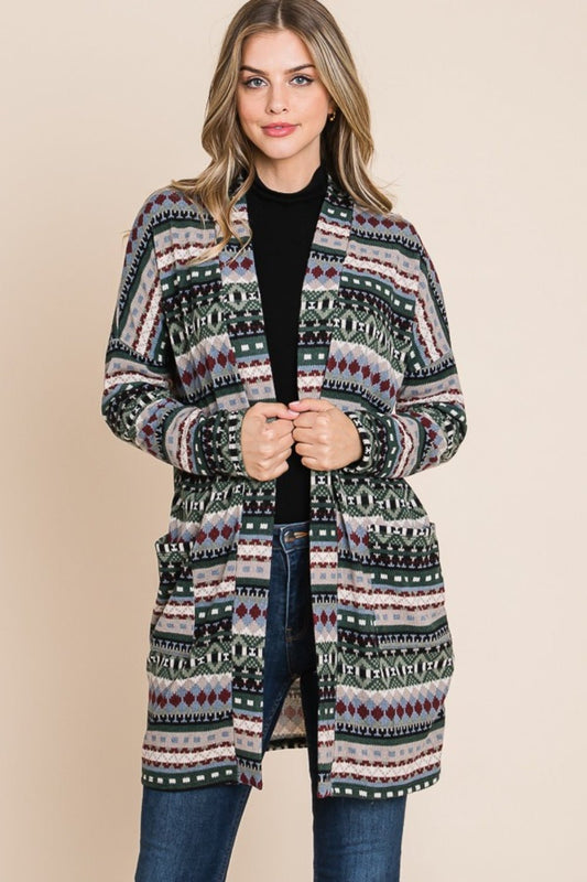 BOMBOM Geometric Open Front Long Sleeve Cardigan with Pockets - Celeste