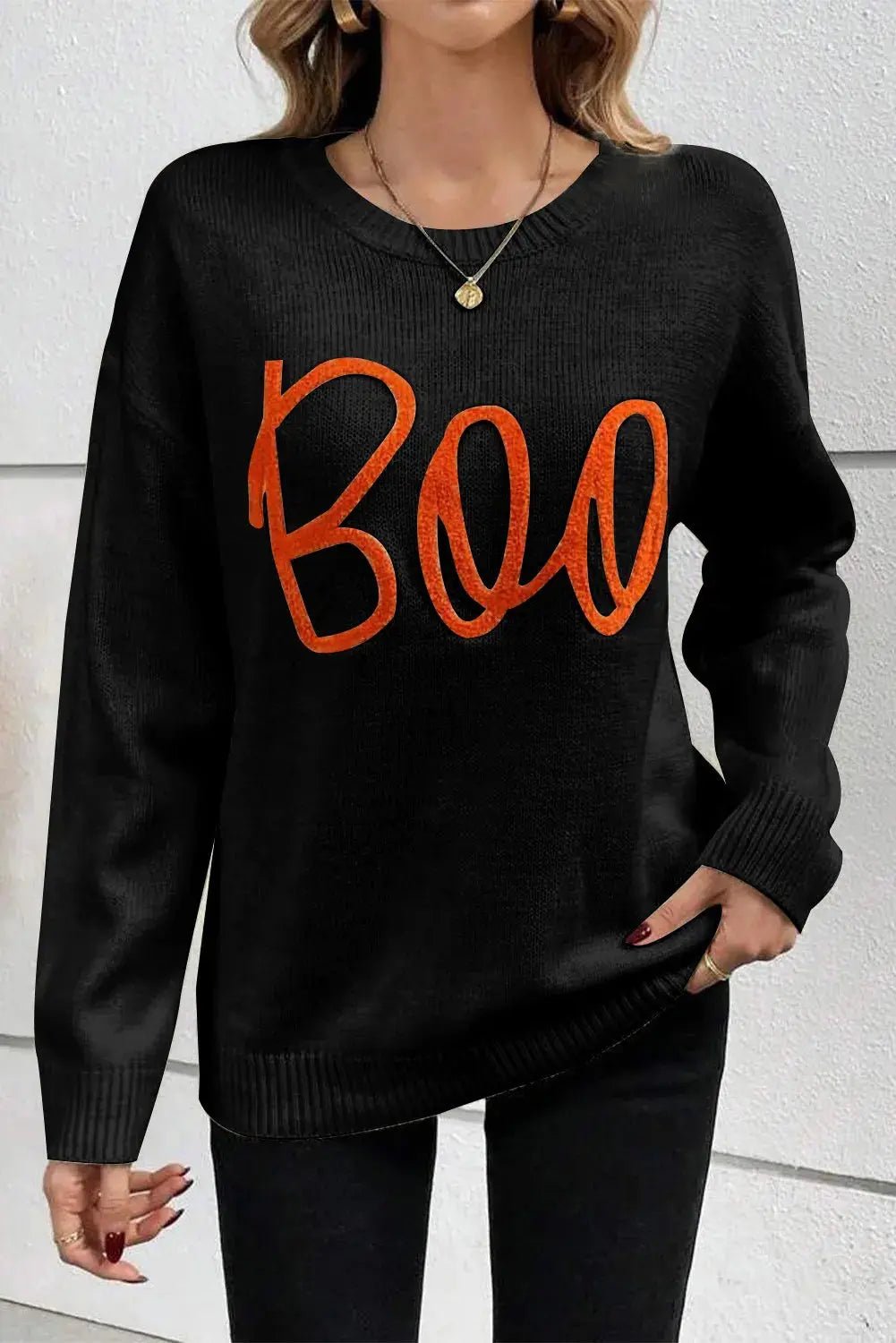 BOO Round Neck Long Sleeve Sweater - Celeste