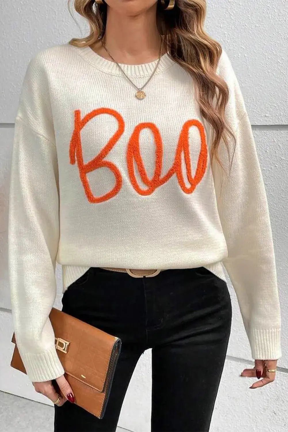 BOO Round Neck Long Sleeve Sweater - Celeste