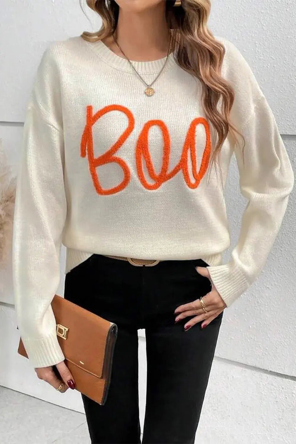 BOO Round Neck Long Sleeve Sweater - Celeste