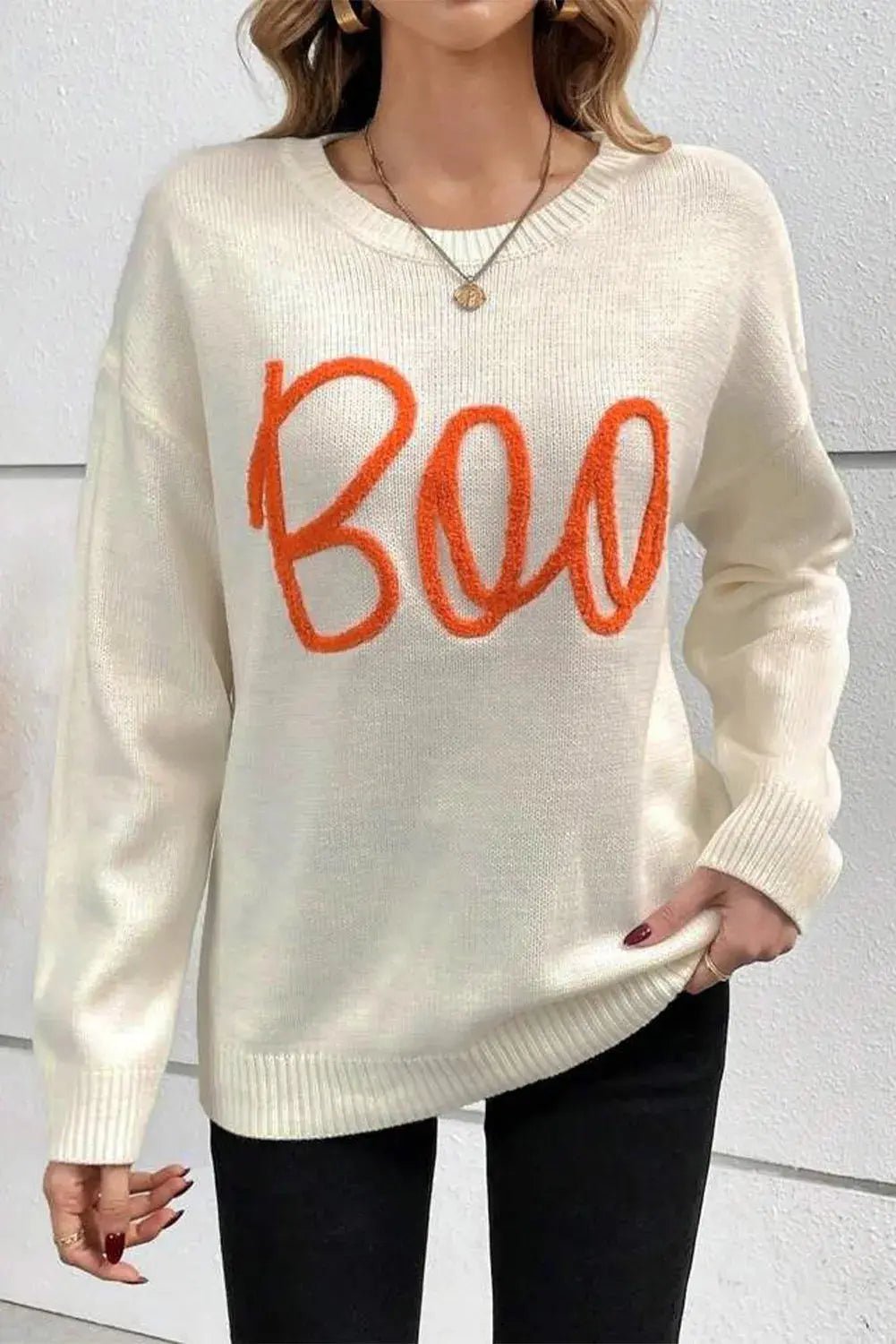 BOO Round Neck Long Sleeve Sweater - Celeste