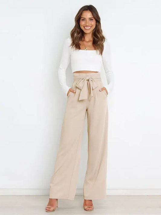 Business Girl - Belted Wide - Leg Trousers - Celeste