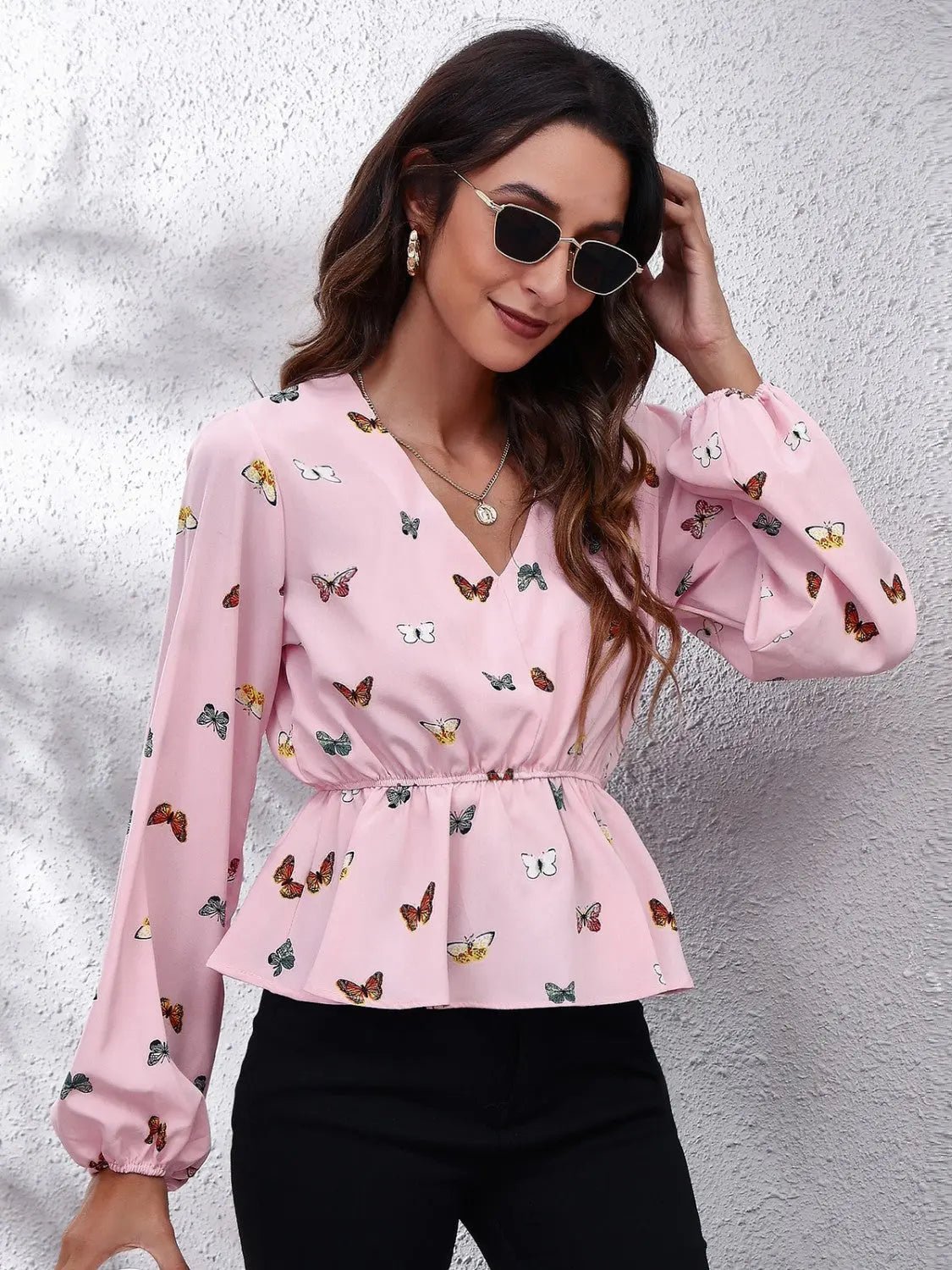 Butterfly V - Neck Balloon Sleeve Peplum Blouse - Celeste