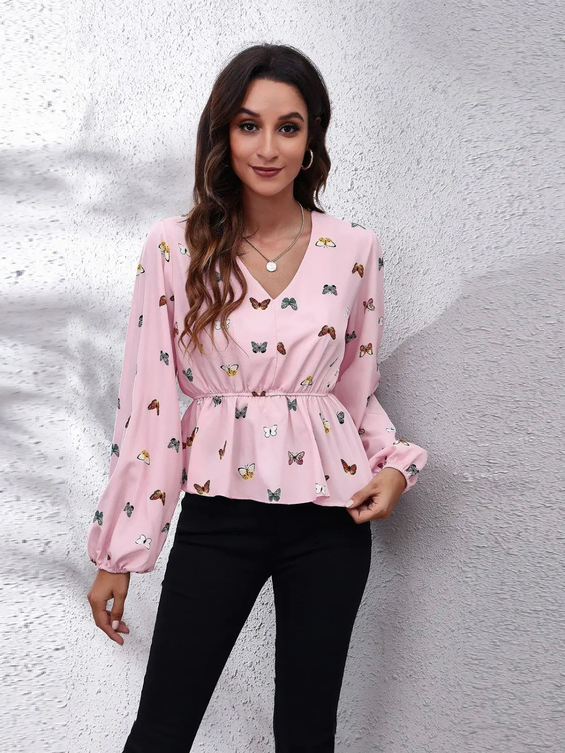 Butterfly V - Neck Balloon Sleeve Peplum Blouse - Celeste