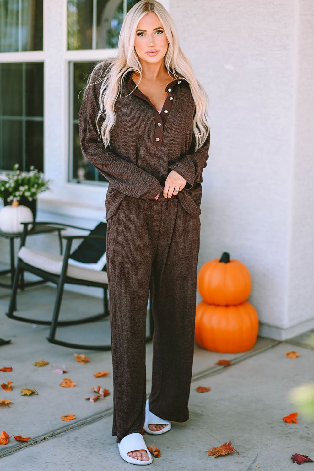 Buttoned Long Sleeve Top and Long Pants Lounge Set - Celeste