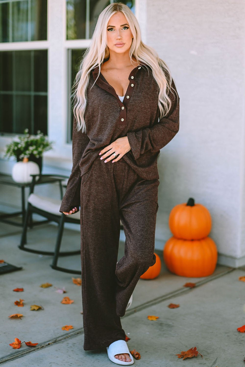 Buttoned Long Sleeve Top and Long Pants Lounge Set - Celeste