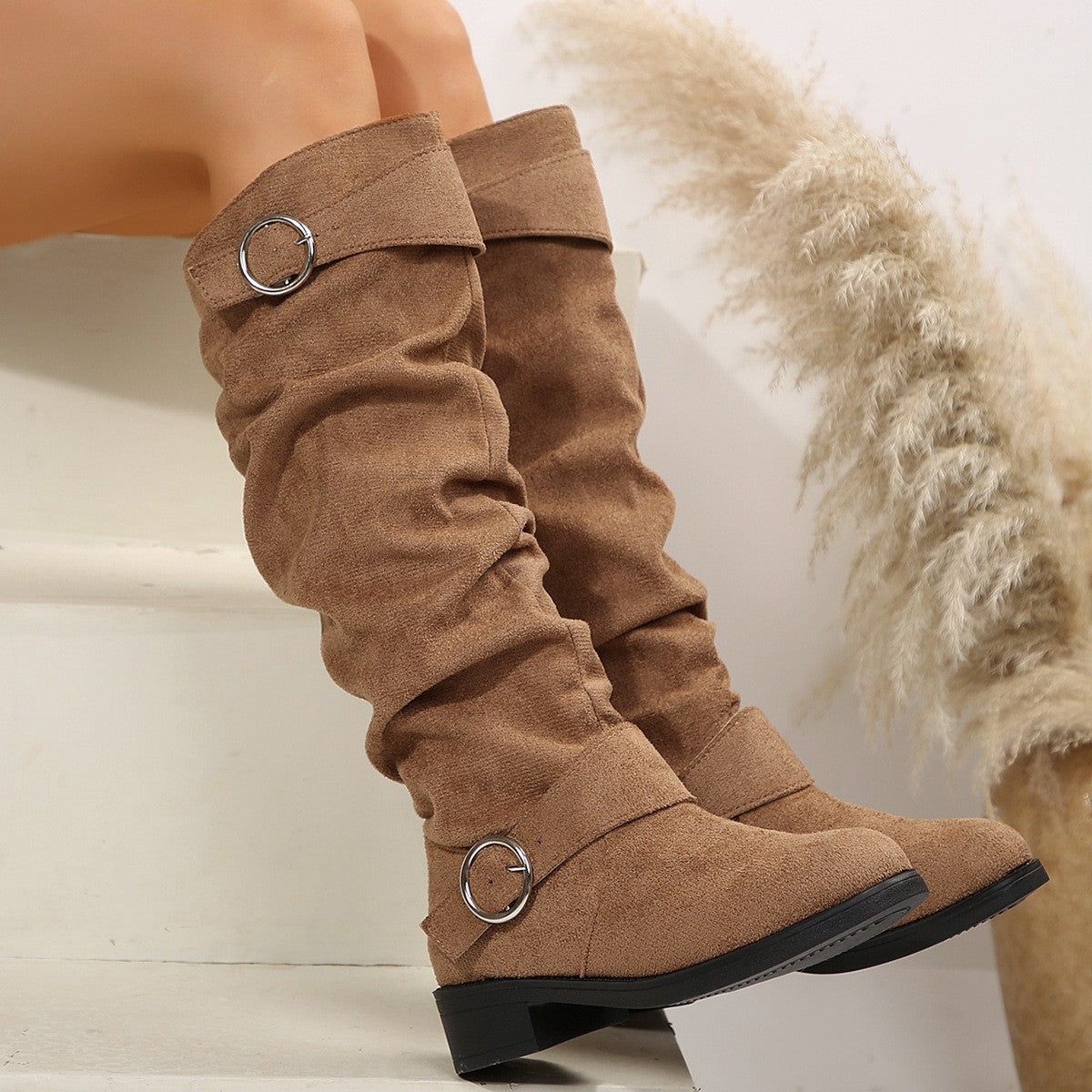 Buckle Round Toe Block Heel Boots - Celeste    