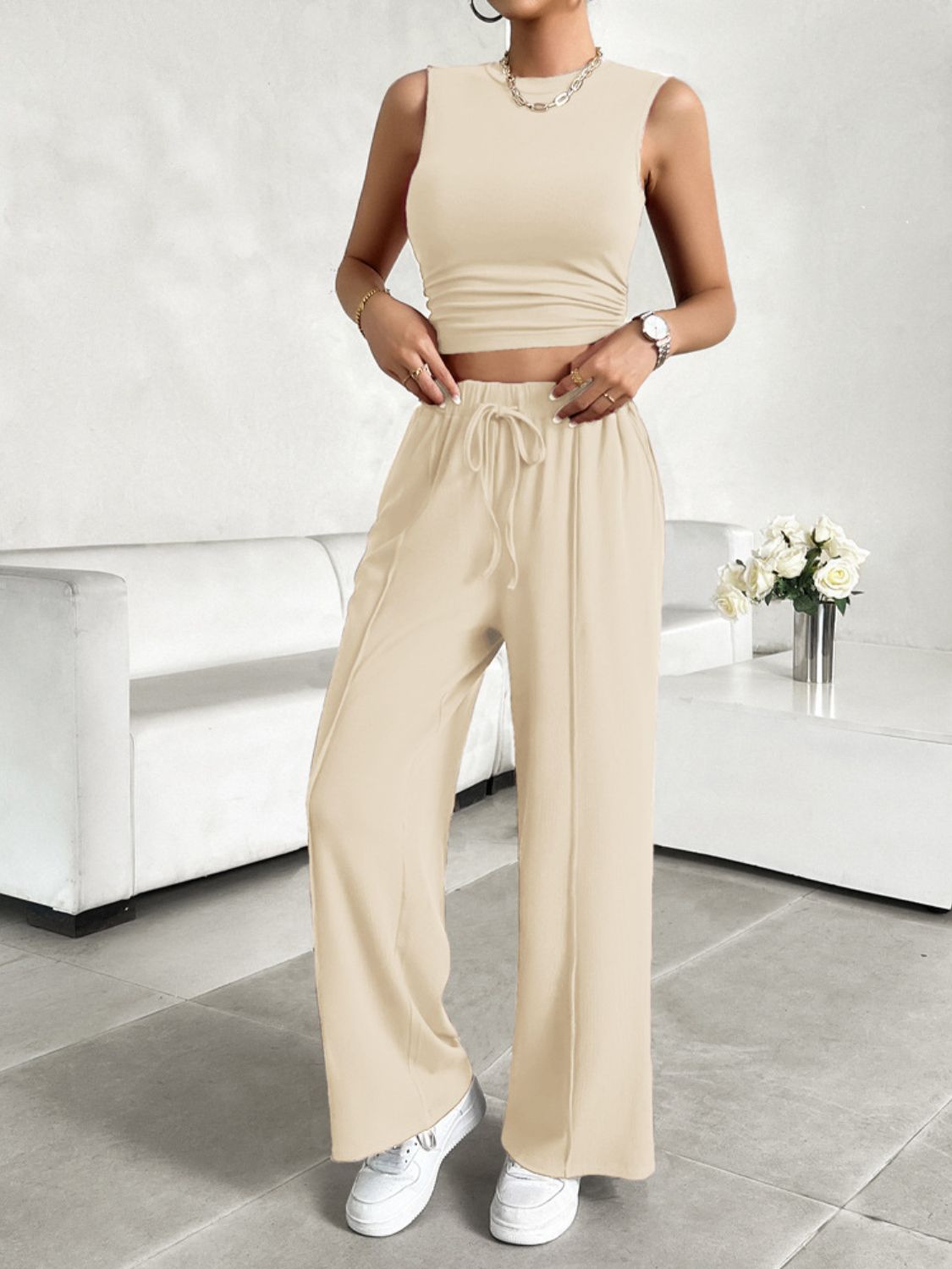 Devine Mock Neck Sleeveless Top and Drawstring Pants Set - Celeste    