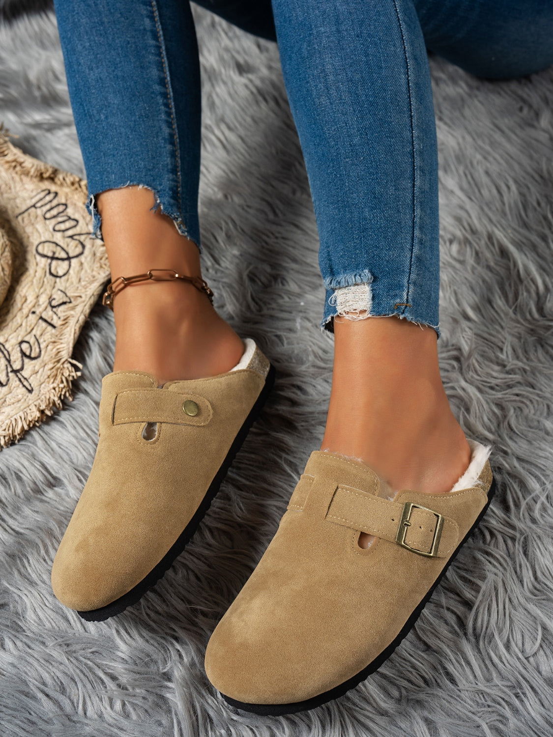 Suede Round Toe Slippers - Celeste    