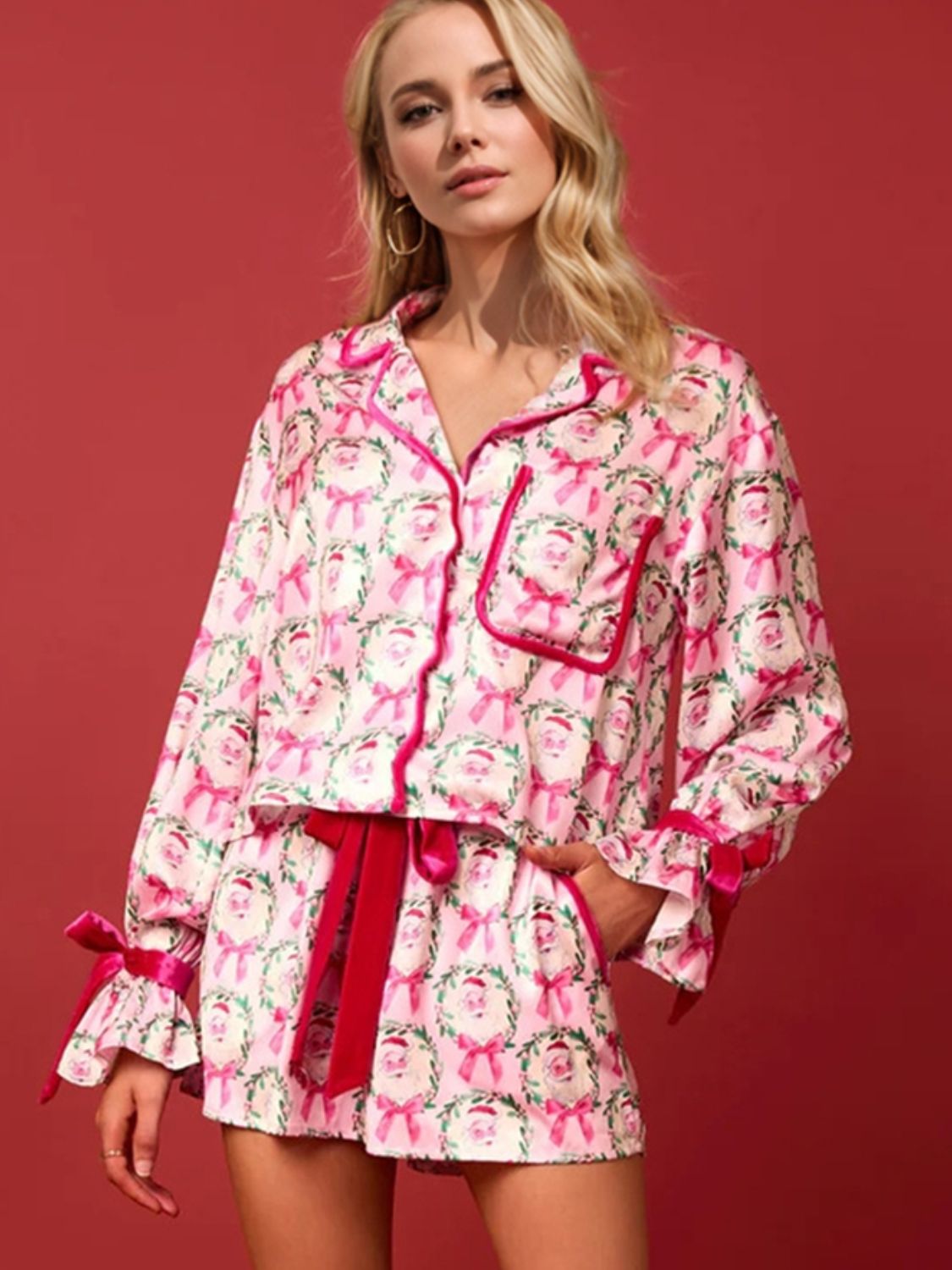 Tied Printed Collared Neck Long Sleeve Top and Shorts Set - Celeste    