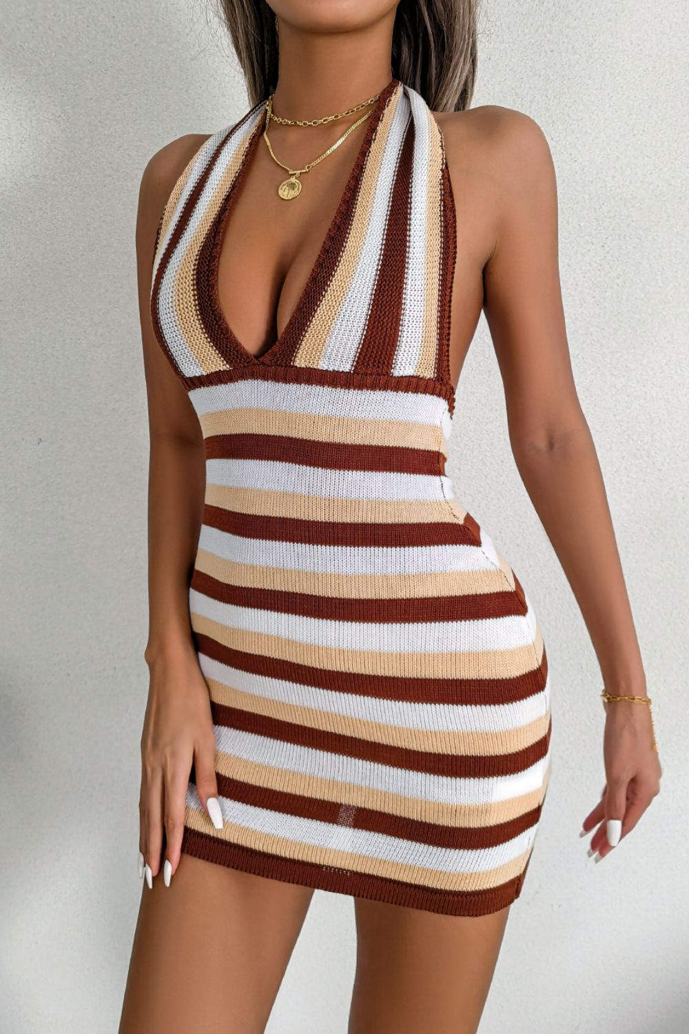 Striped Halter Neck Backless Knit Mini Dress - Celeste    